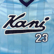 Karl Kani - Blue Big Logo Pinstripe Mesh Jersey 1990s X-Large Vintage Retro