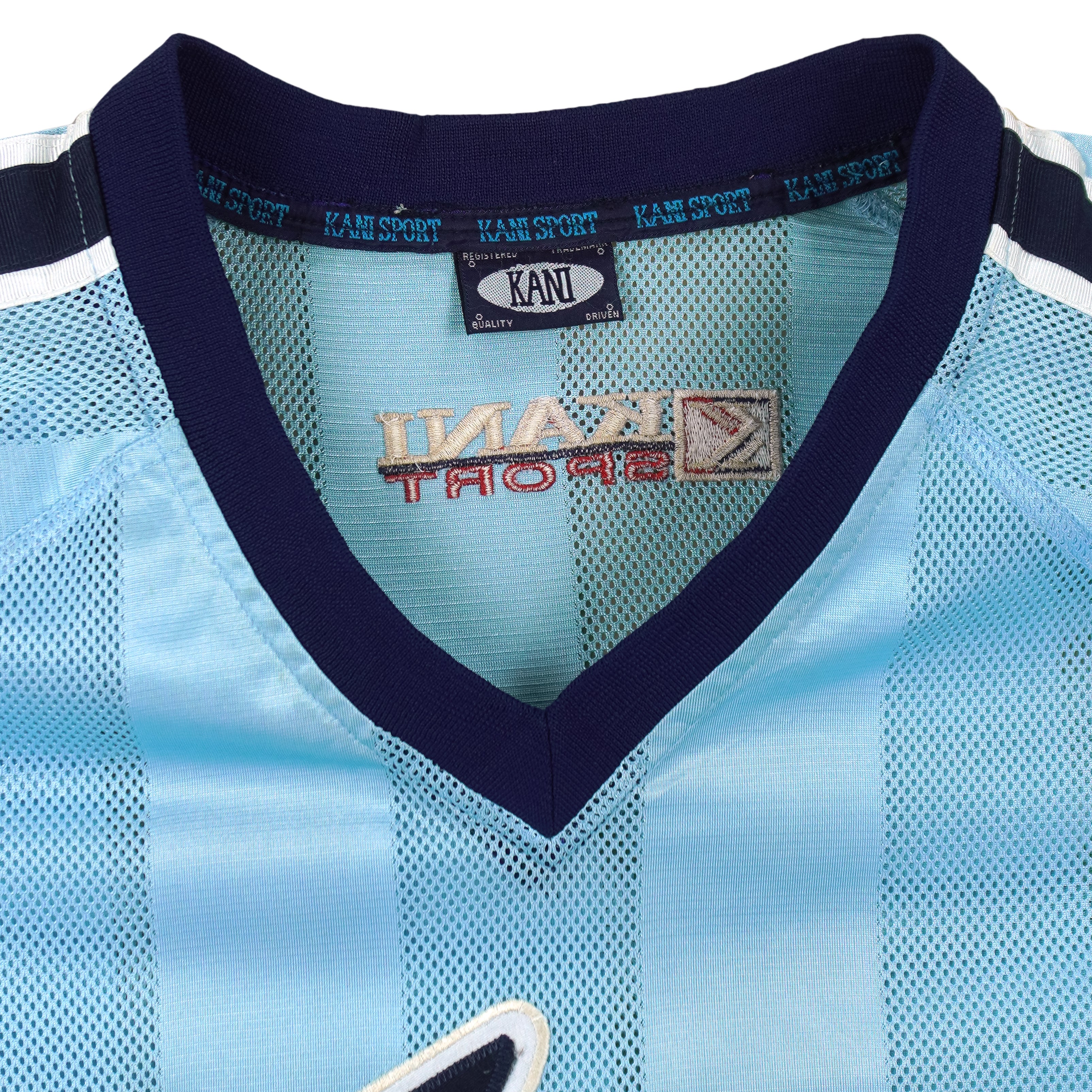 Karl Kani - Blue Big Logo Pinstripe Mesh Jersey 1990s X-Large Vintage Retro