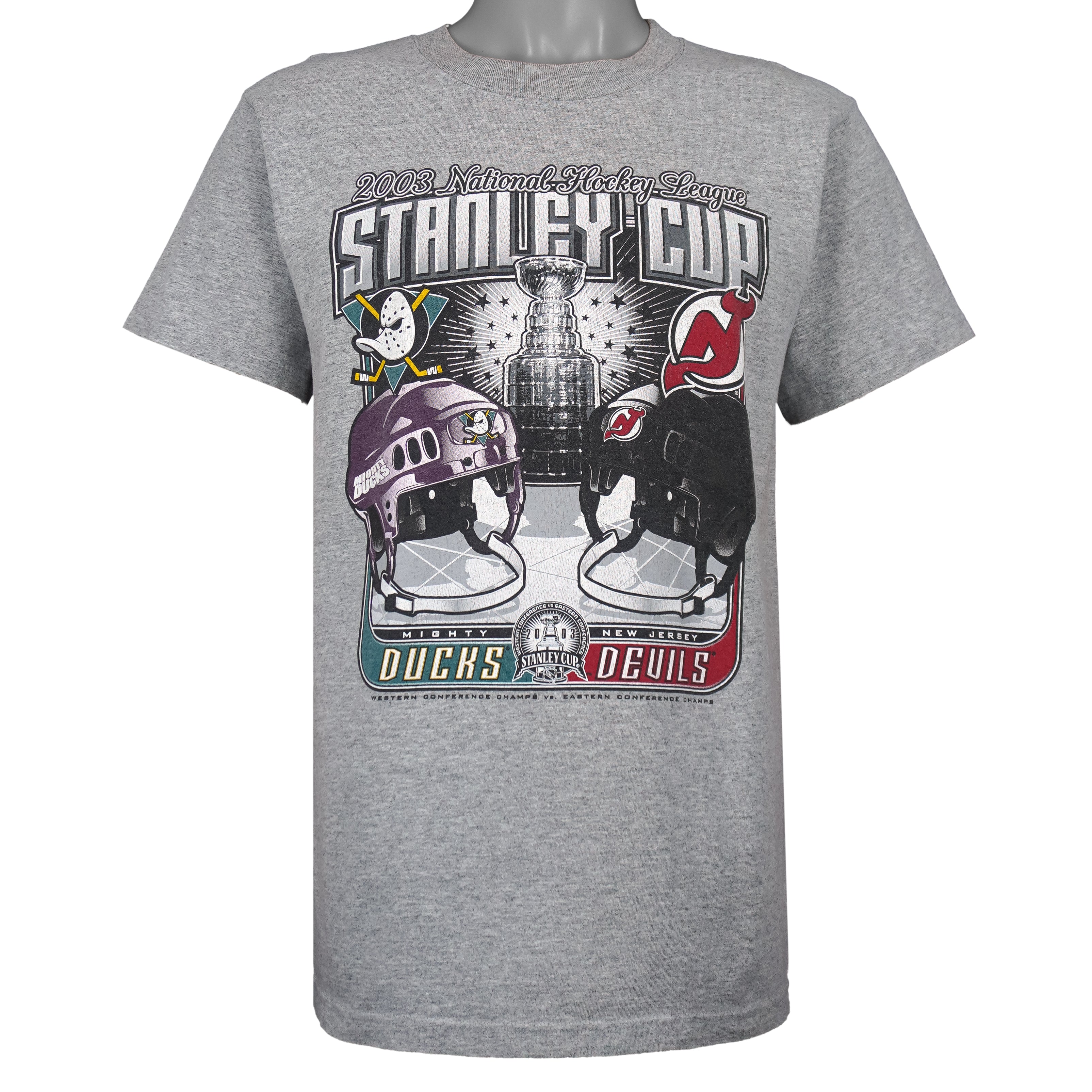 NHL (Majestic) - Ducks Vs Devils, Stanley Cup Champions T-Shirt 2003 Medium Vintage Retro Hockey
