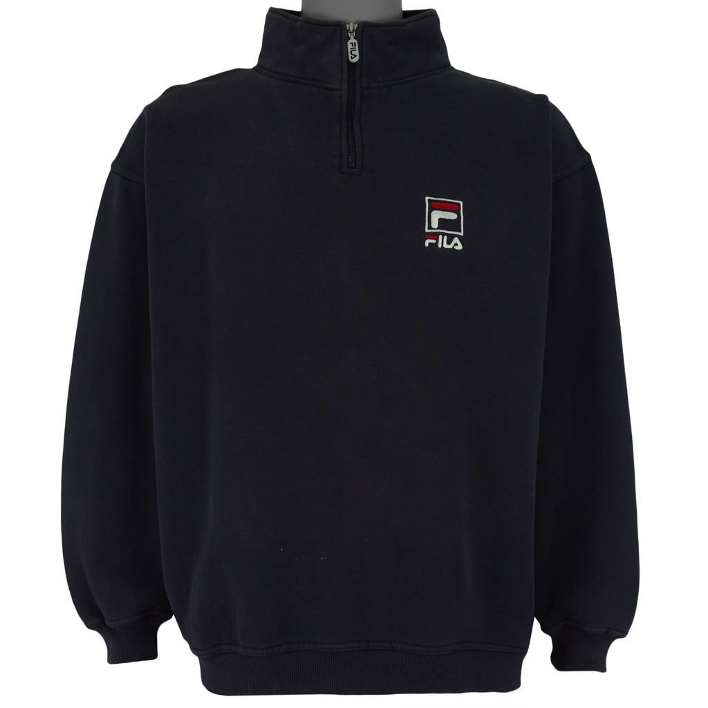 FILA - Navy Blue Embroidered 1/4 Zip Sweatshirt 1990s Large Vintage Retro