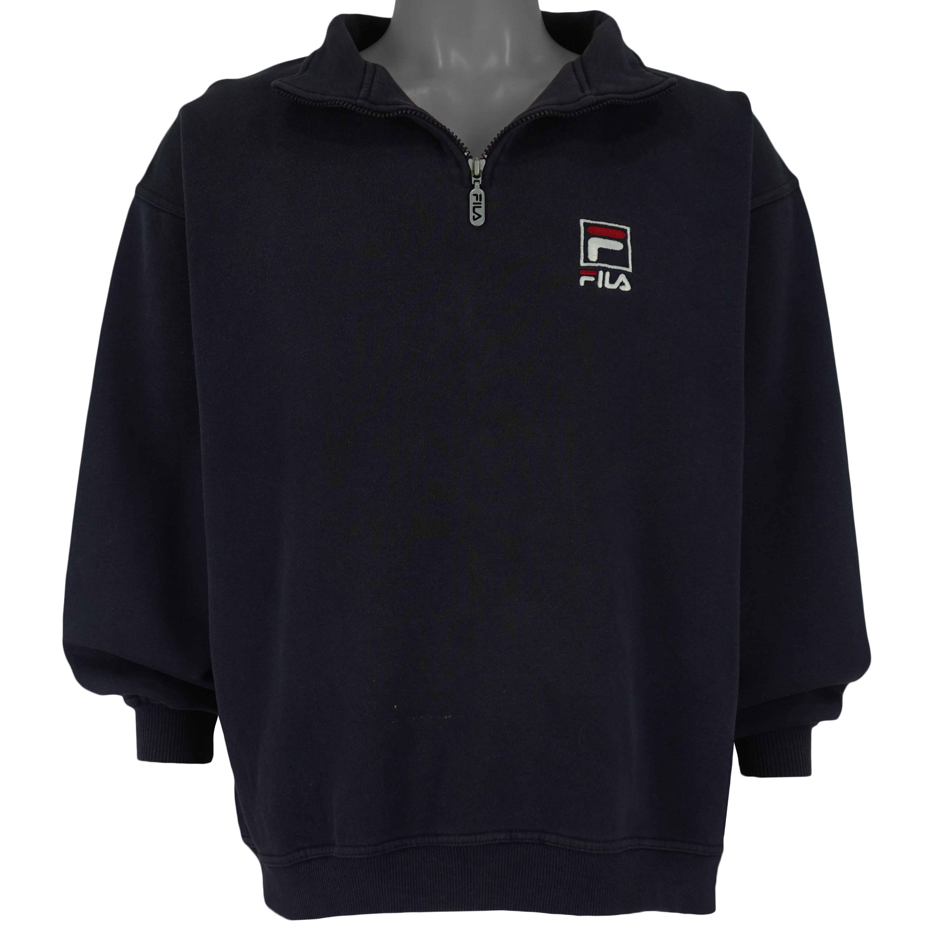 FILA - Navy Blue Embroidered 1/4 Zip Sweatshirt 1990s Large Vintage Retro