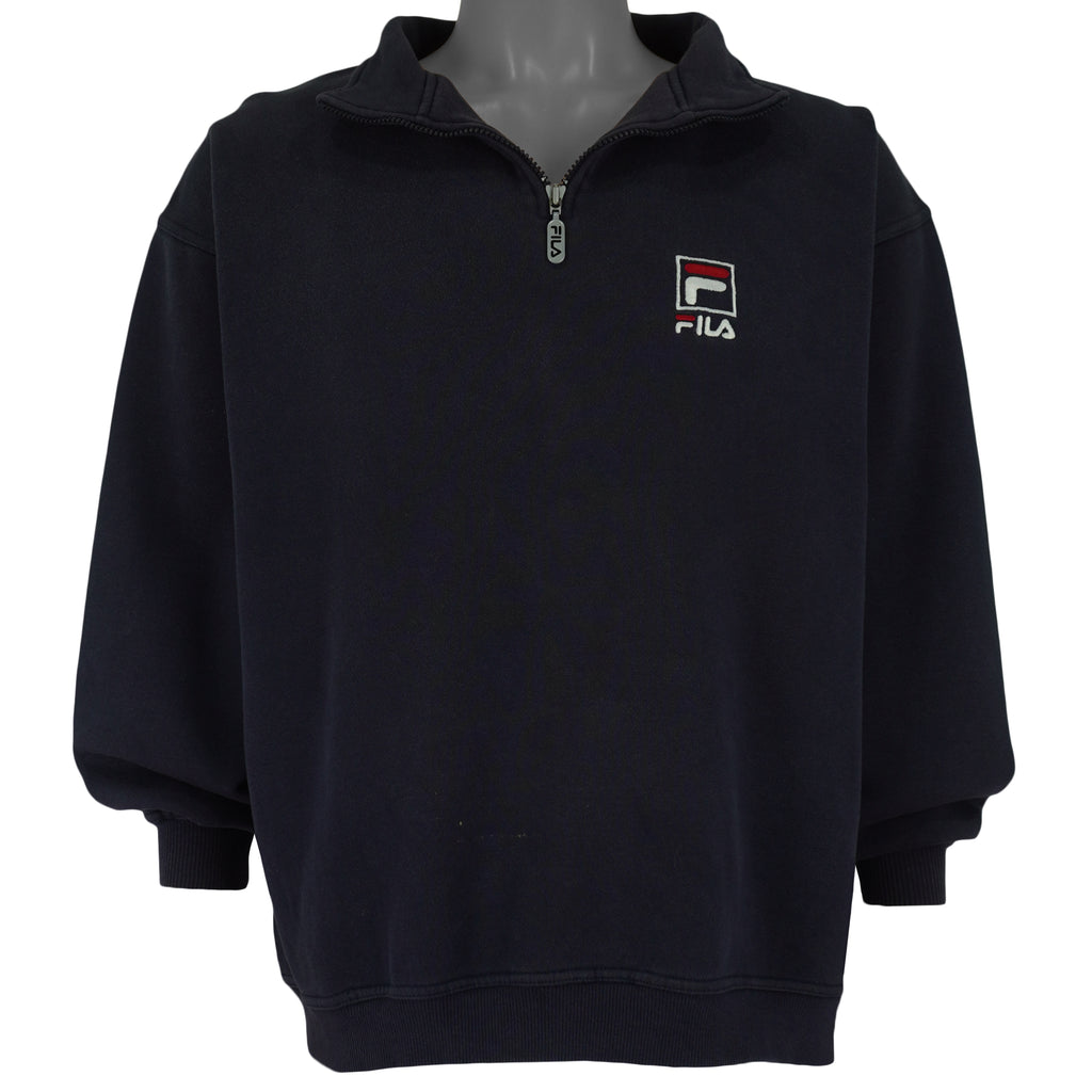 FILA - Navy Blue Embroidered 1/4 Zip Sweatshirt 1990s Large Vintage Retro