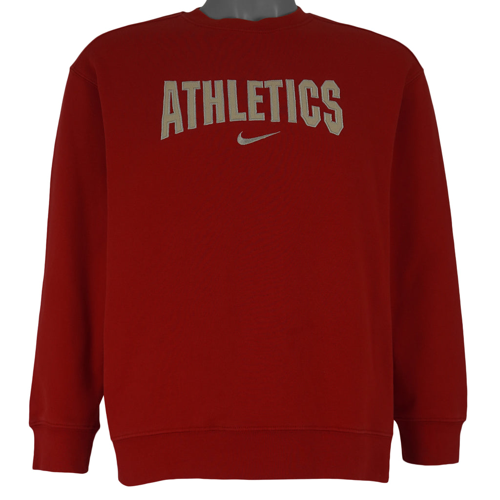 Nike - Red Athletics Spell-Out Crew Neck Sweatshirt 1990s Large Youth Vintage Retro