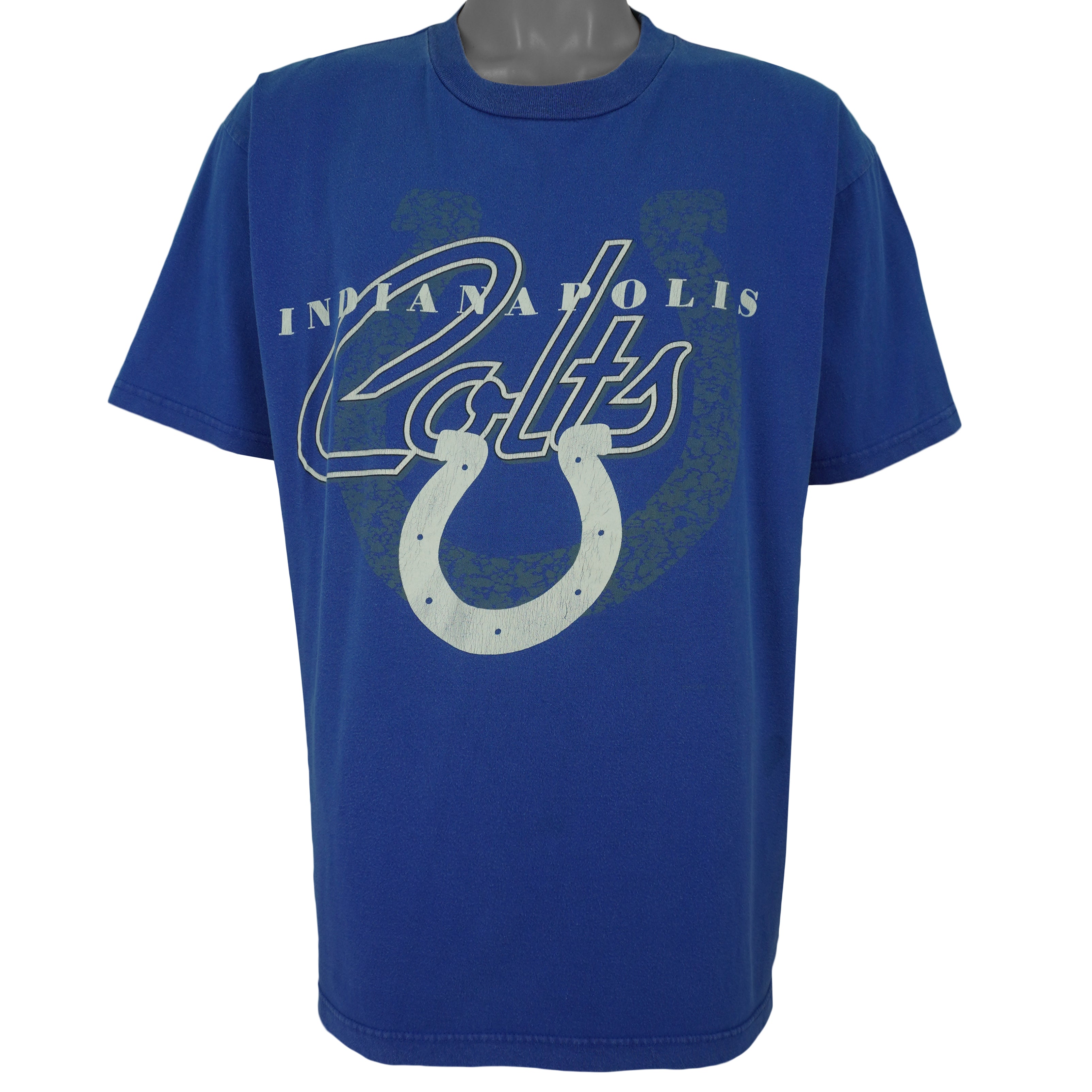 NFL (All Out Fan!) - Indianapolis Colts Football Big Spell-Out T-Shirt 1990s X-Large Vintage Retro Football