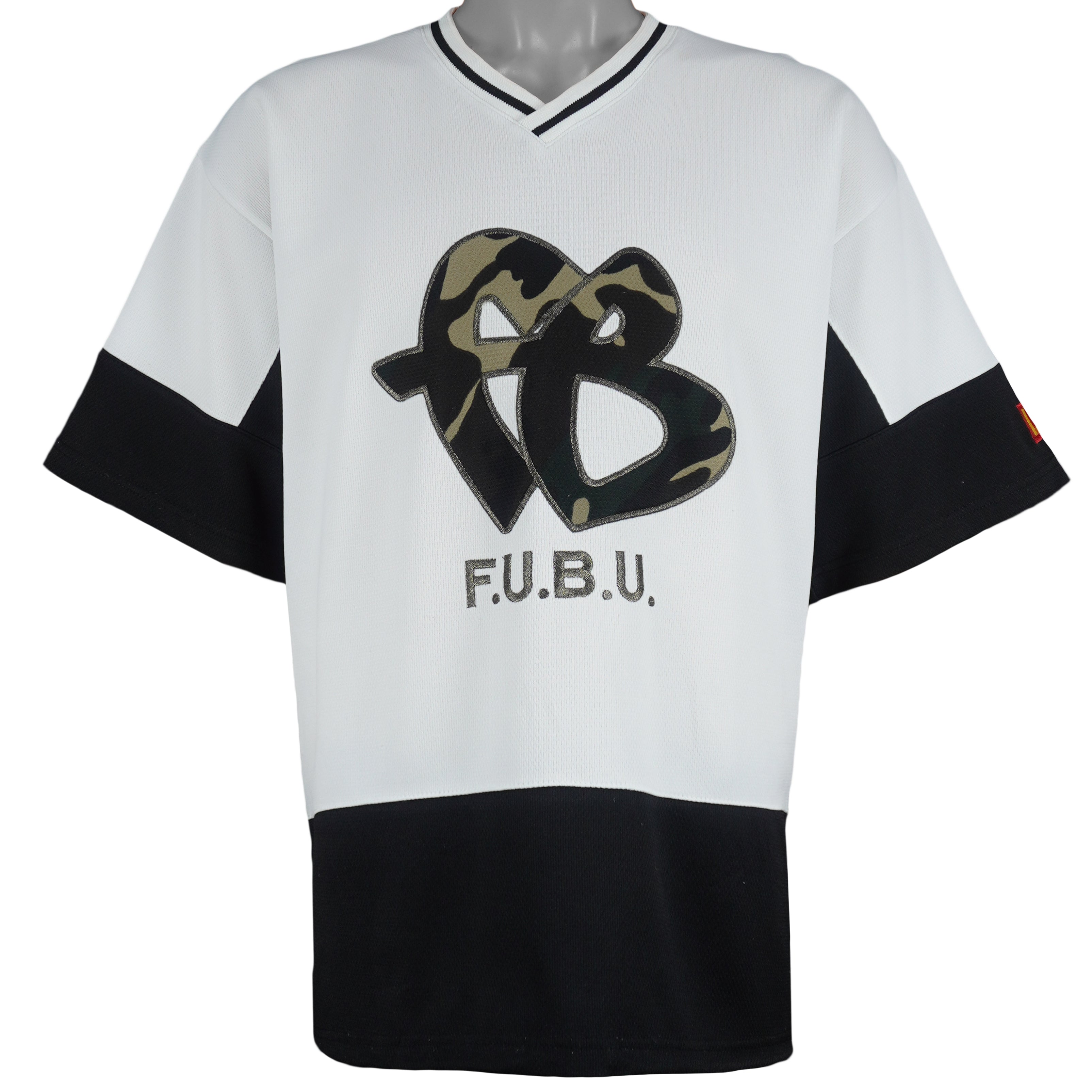 FUBU - White with Black Camo Logo Jersey T-Shirt 1990s XXX-Large Vintage Retro