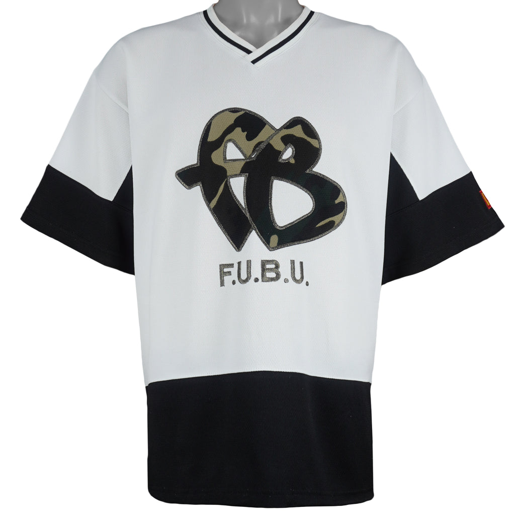 FUBU - White with Black Camo Logo Jersey T-Shirt 1990s XXX-Large Vintage Retro