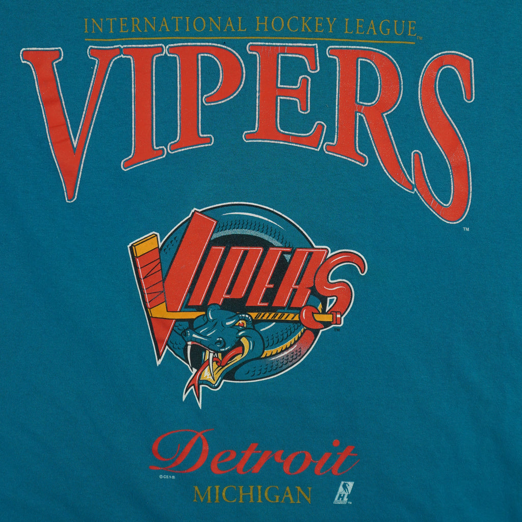 IHL (CSA) - Detroit Vipers Spell-Out T-Shirt 1990s Large Vintage Retro Hockey