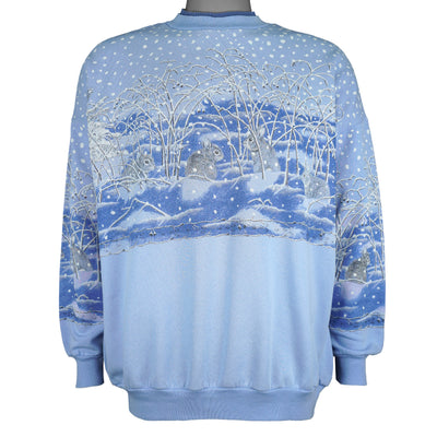 Vintage - Rabbits in Winter Scene Crew Neck Sweatshirt 1990s Large