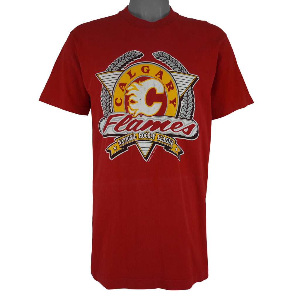 NHL (Trench) - Calgary Flames Single Stitch T-Shirt 1991 Medium Tall Vintage Retro Hockey