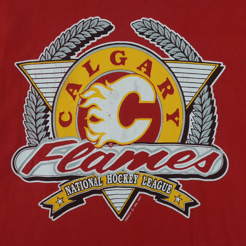 NHL (Trench) - Calgary Flames Single Stitch T-Shirt 1991 Medium Tall Vintage Retro Hockey