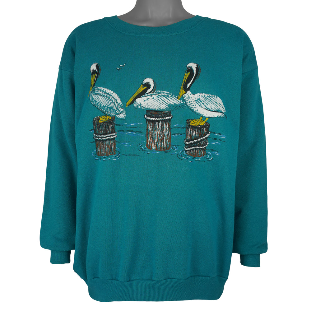 Vintage (Guess) - Green Three Pelicans Crew Neck Sweatshirt 1990s Large Vintage Retro