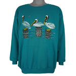 Vintage (Guess) - Green Three Pelicans Crew Neck Sweatshirt 1990s Large Vintage Retro