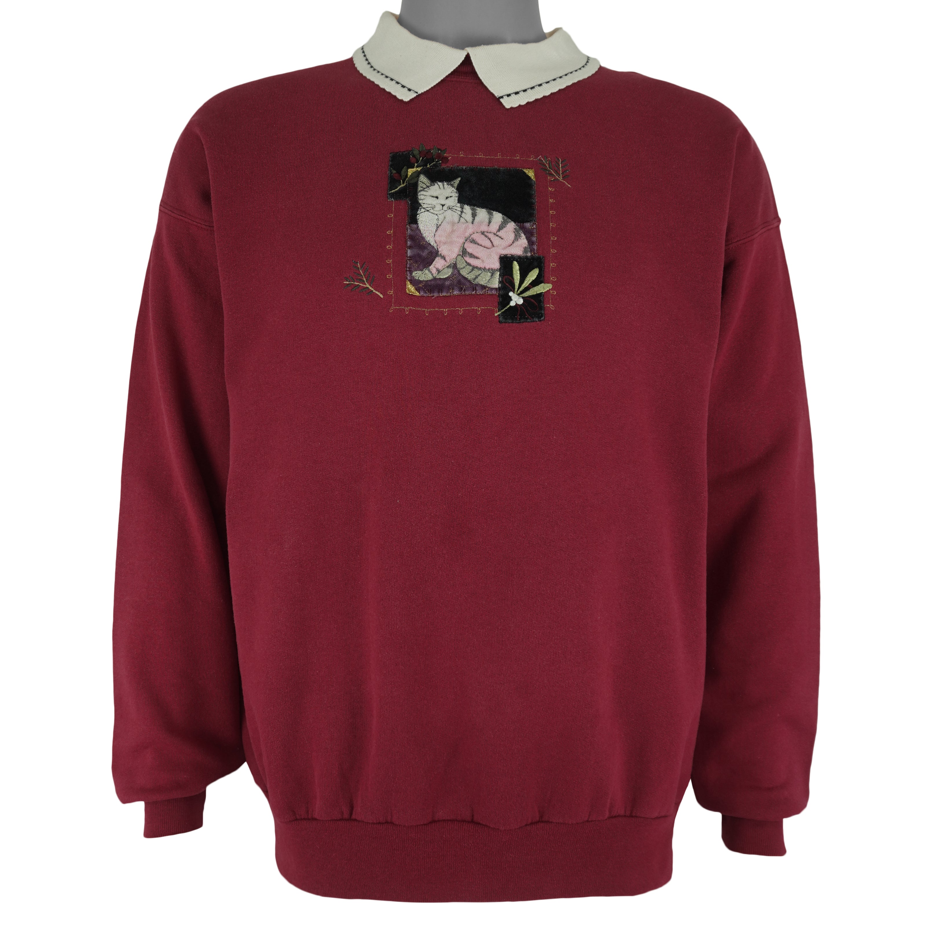 Vintage (Top Stitch) - The Cat Embroidered Crew Neck Sweatshirt 1990s Large Vintage Retro