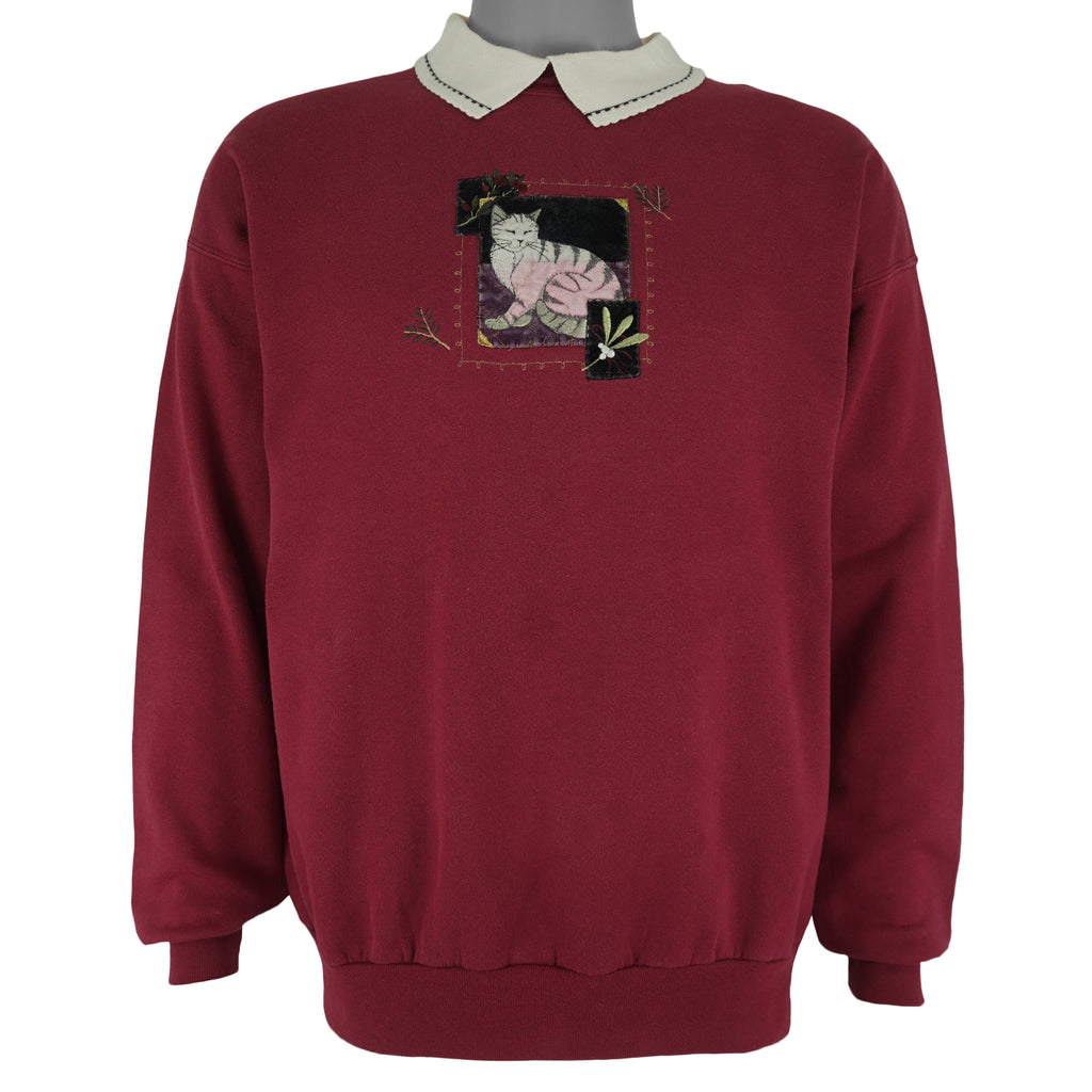 Vintage (Top Stitch) - The Cat Embroidered Crew Neck Sweatshirt 1990s Large Vintage Retro