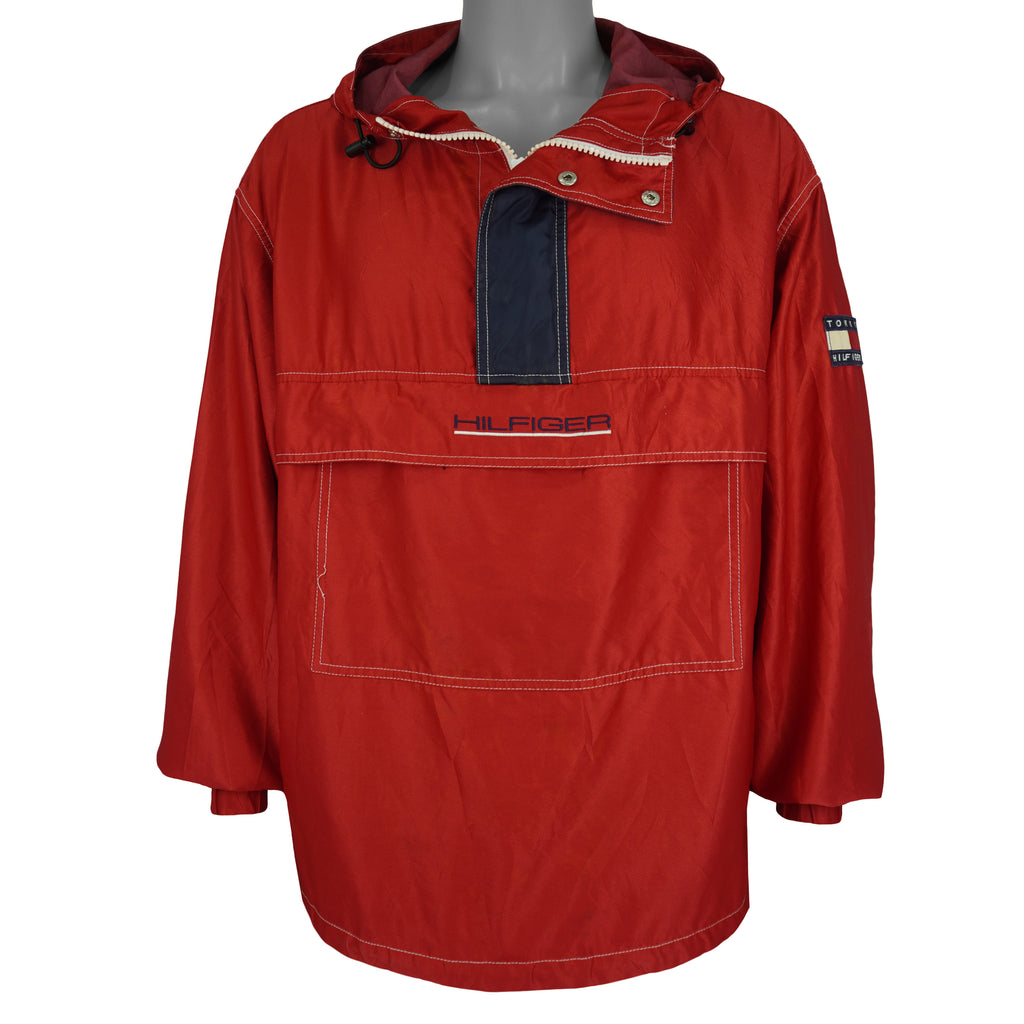 Tommy Hilfiger - Red Athletics 1/4 Zip-Up Hooded Windbreaker 1990s Large Vintage Retro