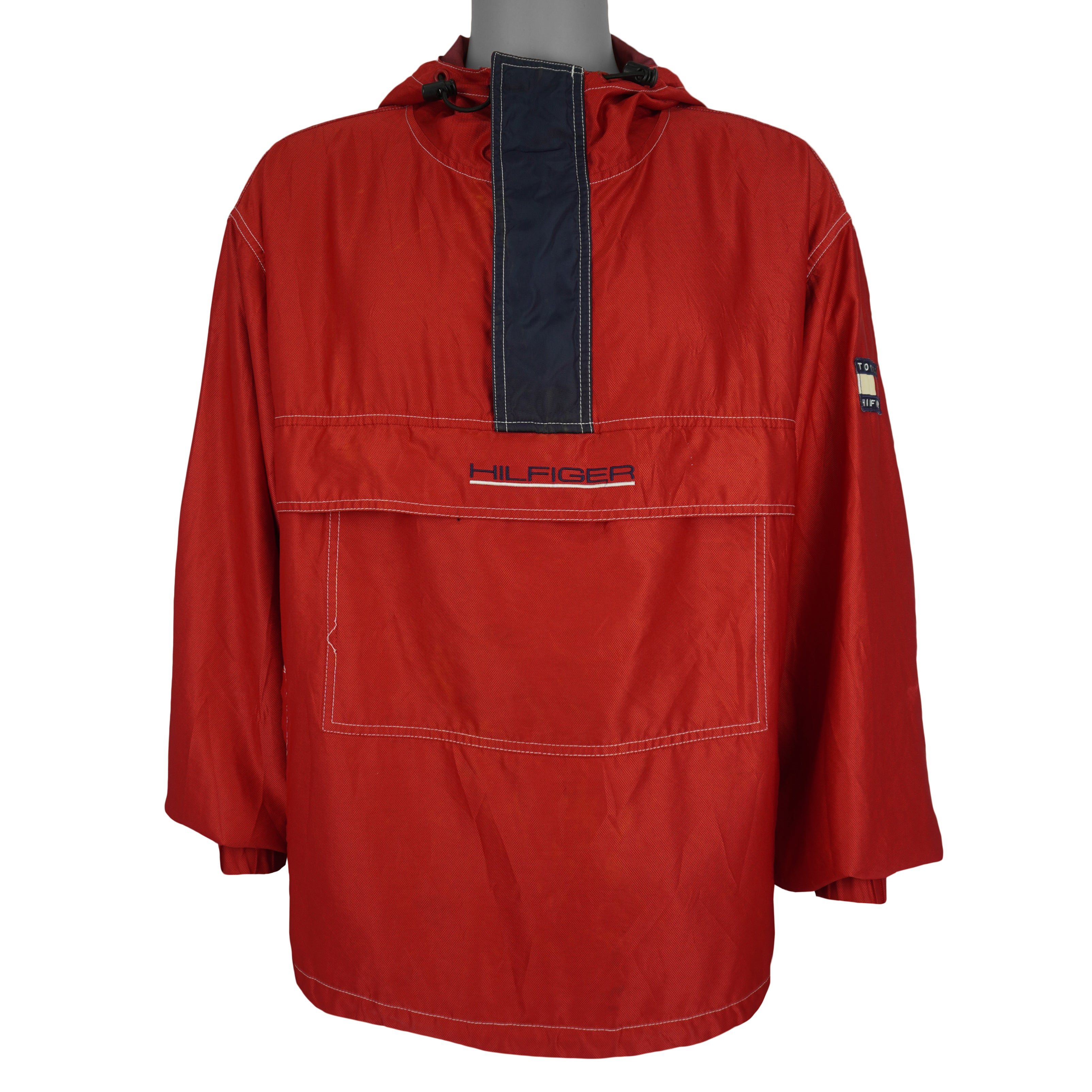 Tommy Hilfiger - Red Athletics 1/4 Zip-Up Hooded Windbreaker 1990s Large Vintage Retro