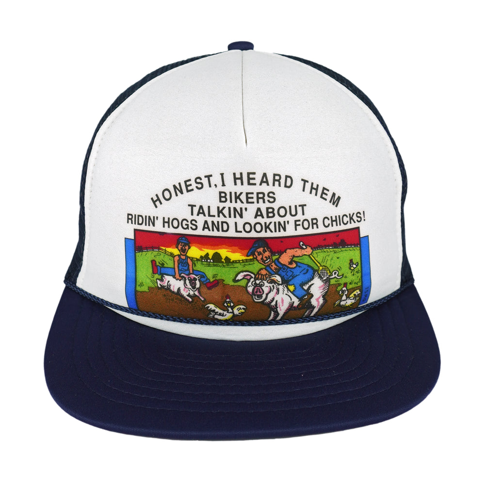 Vintage (Nissin) - Riding Hogs Looking' for Chicks Snapback Trucker Hat 1990s OSFA Vintage Retro