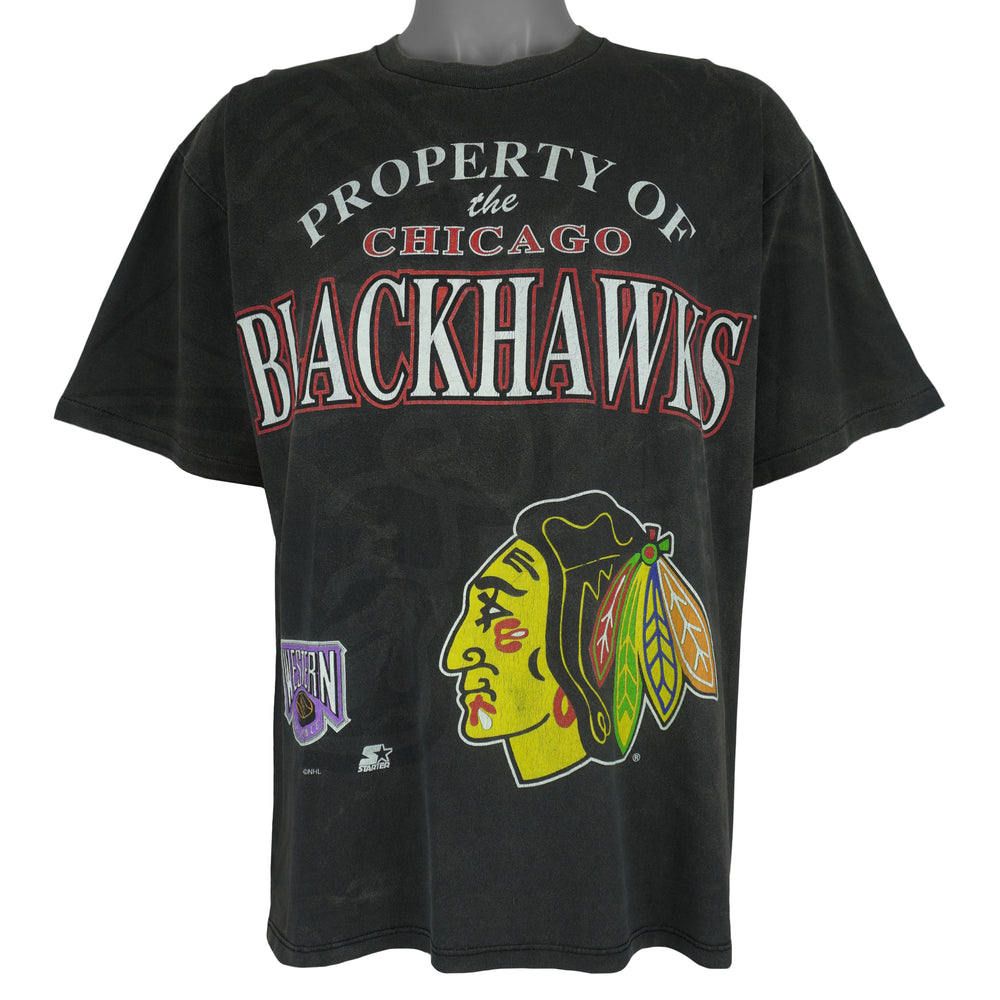 Starter - Property Of The Chicago Blackhawks Single Stitch T-Shirt 1990s Large Vintage Retro Hockey