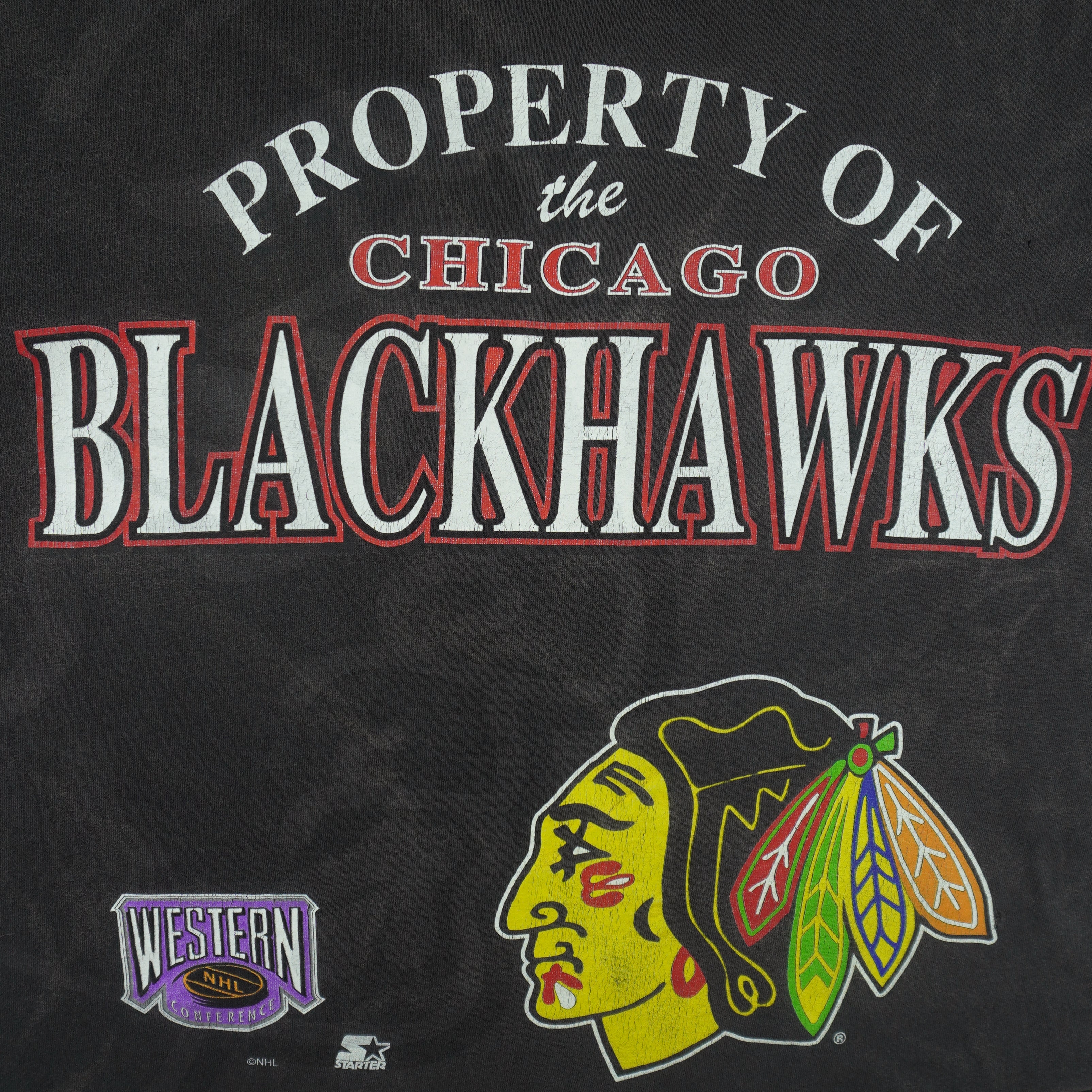 Starter - Property Of The Chicago Blackhawks Single Stitch T-Shirt 1990s Large Vintage Retro Hockey