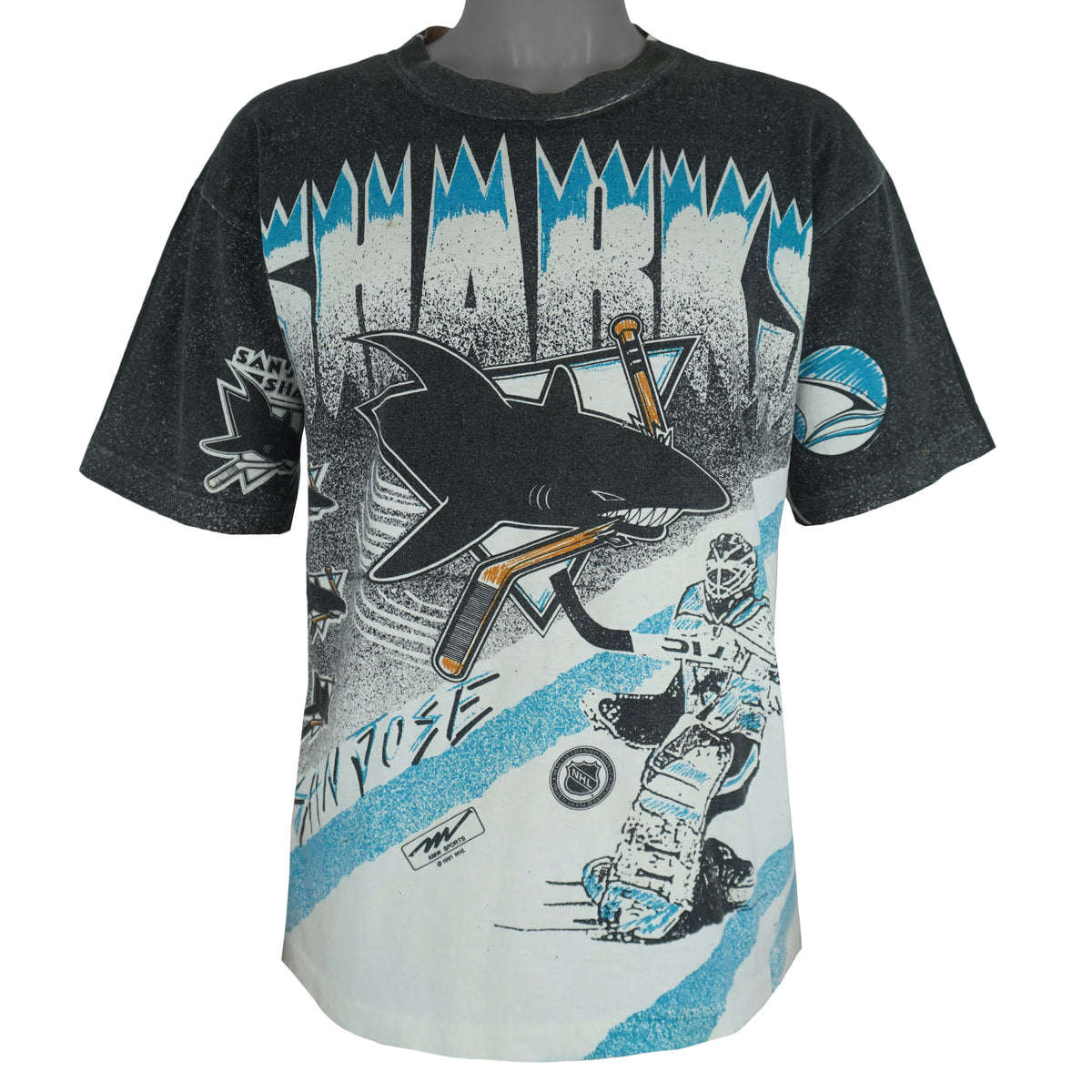 NHL (AMW Sports) - San Jose Sharks All Over Prints T-Shirt 1991 Large Vintage Retro Hockey