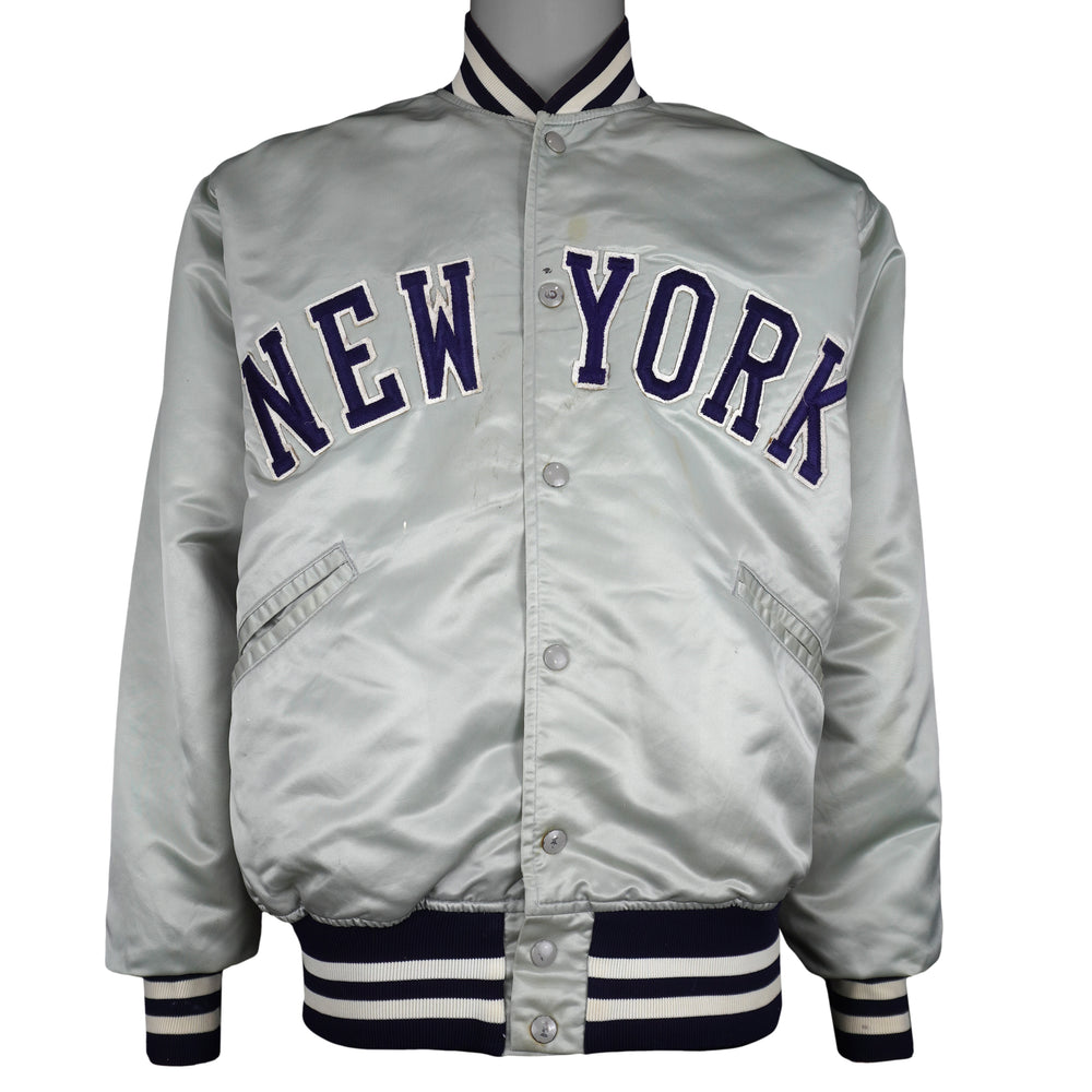 MLB (Felco) - Grey New York Yankees Satin Jacket 1990s Large Vintage Retro Baseball