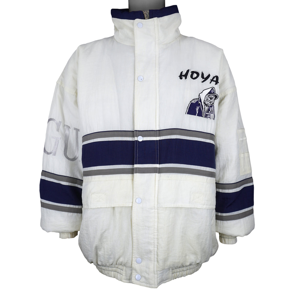 Vintage NCAA - Georgetown Hoyas Zip & Button-Up Puffer Jacket 1990s X-Large in white and blue