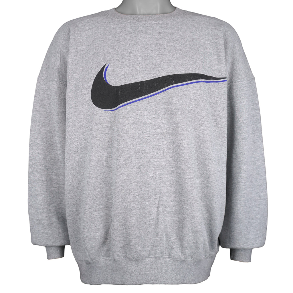 Nike - Grey Big Logo Crew Neck Sweatshirt 1990s Large Vintage Retro