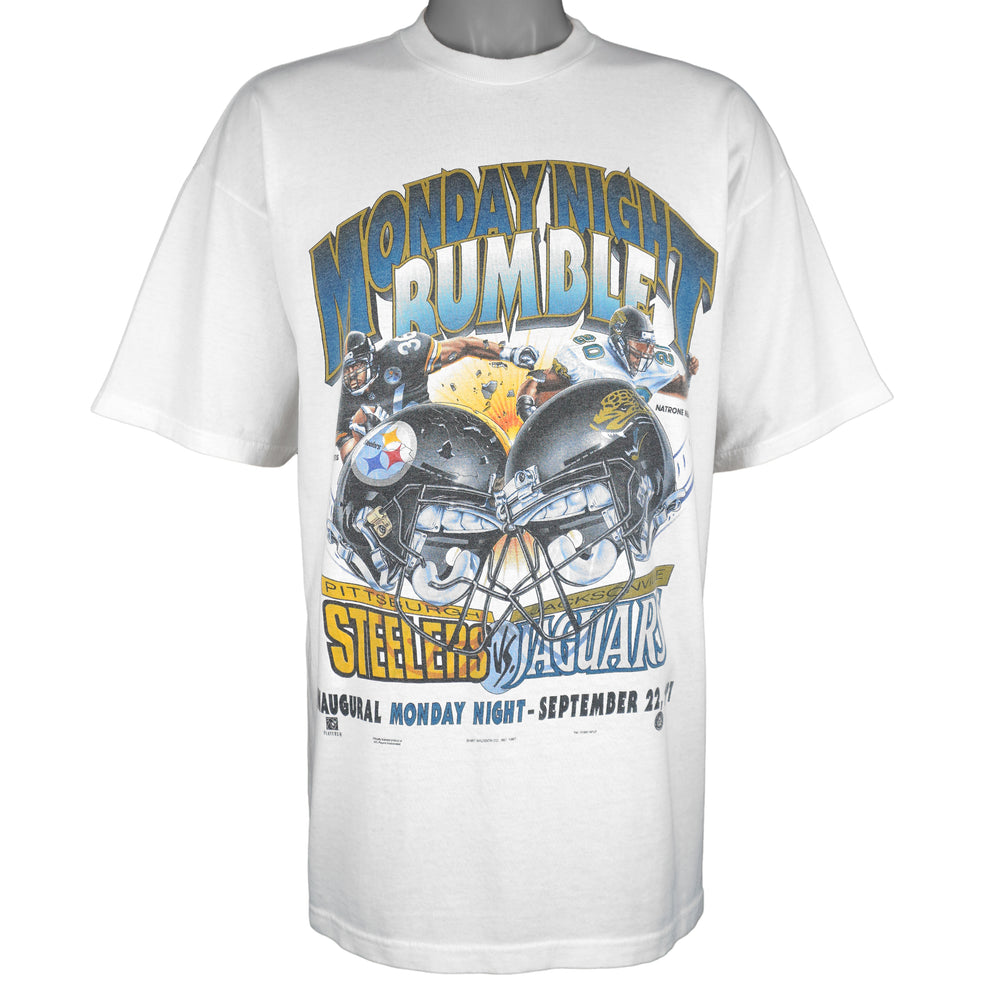 NFL (All American Wear) - Steelers Vs Jaguars Monday Night Bumble T-Shirt 1997 X-Large Vintage Retro Football