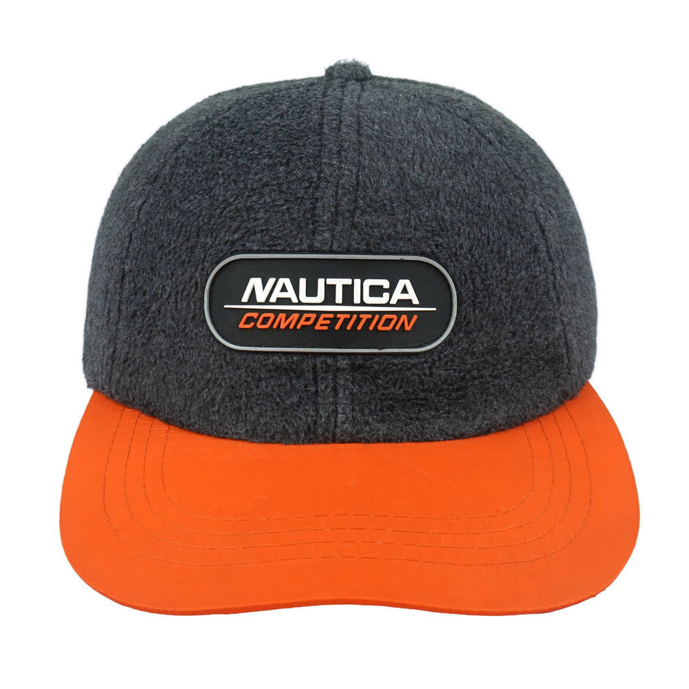 Nautica - Grey & Orange Big Logo Fleece Strapback Hat 1990s OSFA Vintage Retro