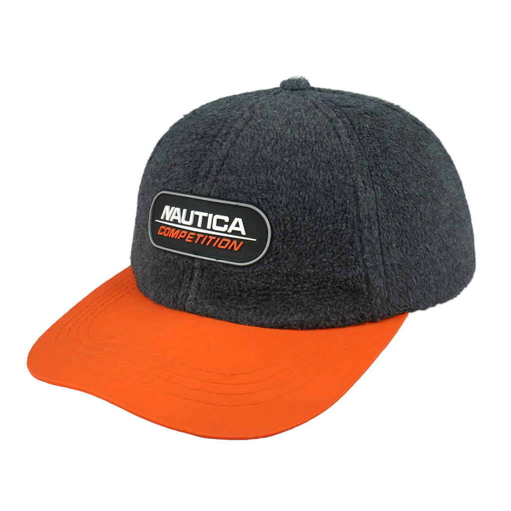 Nautica - Grey & Orange Big Logo Fleece Strapback Hat 1990s OSFA Vintage Retro