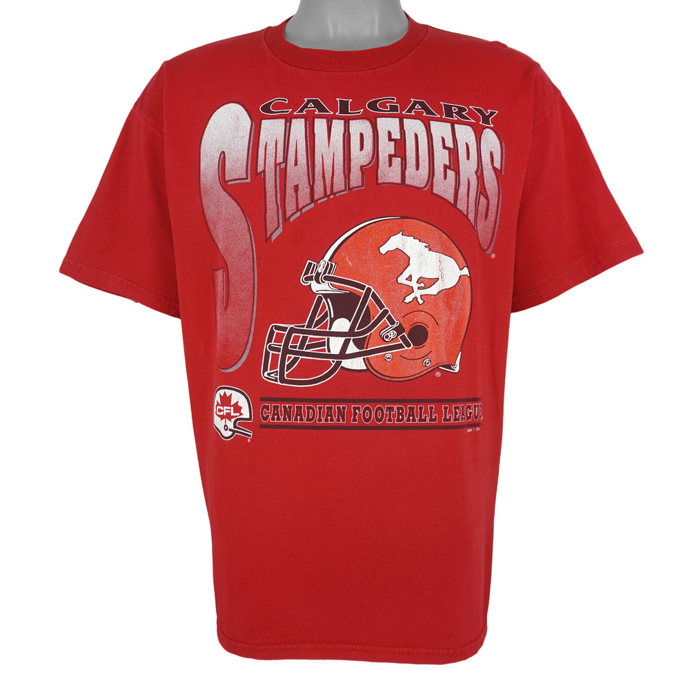 CFL (Waves) - Red Calgary Stampeders Helmet T-Shirt 1990s X-Large Vintage Retro Football