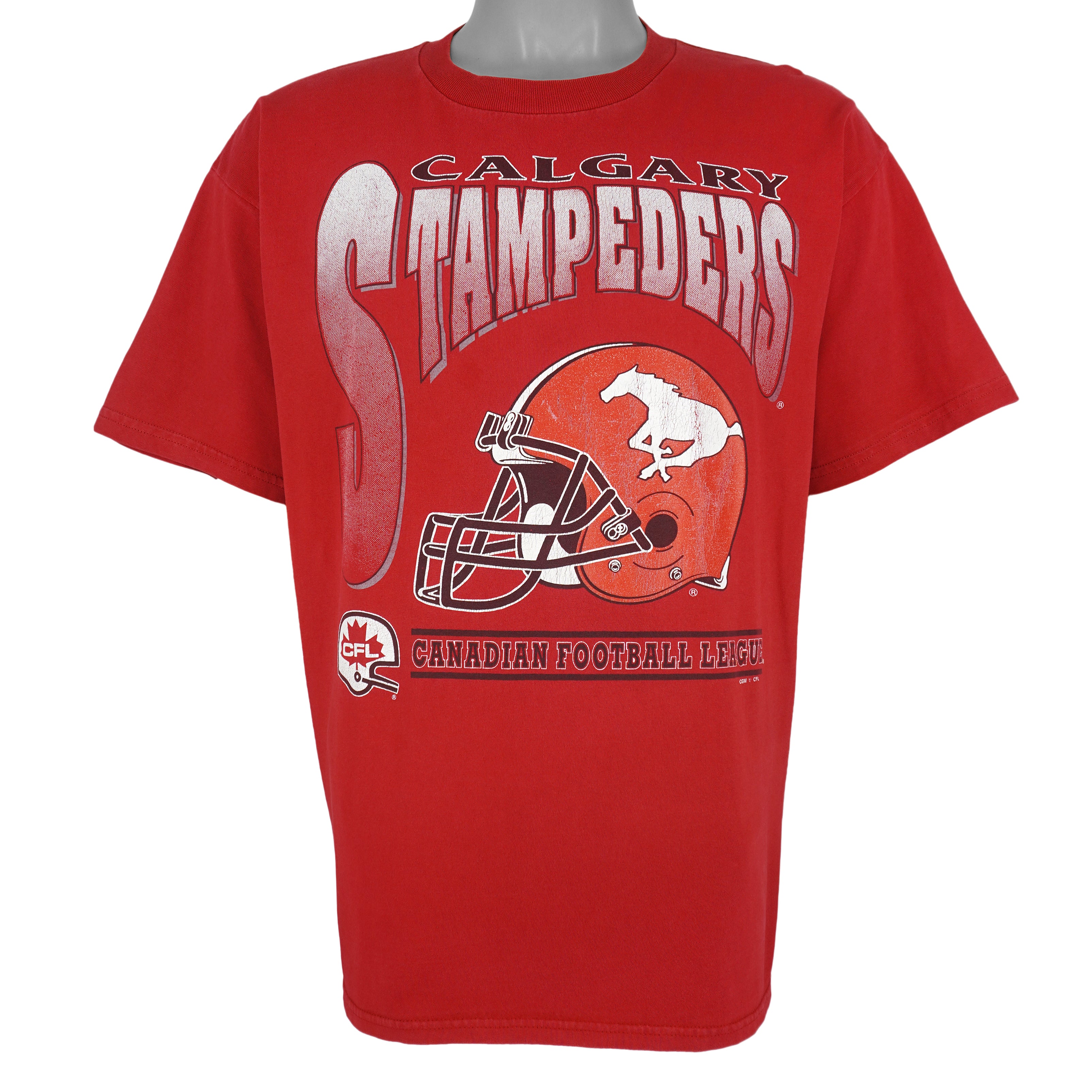 CFL (Waves) - Red Calgary Stampeders Helmet T-Shirt 1990s X-Large Vintage Retro Football