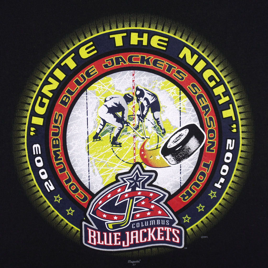 NHL (Majestic) - Columbus Blue Jackets Spell-Out T-Shirt 2004 Large Vintage Retro Hockey