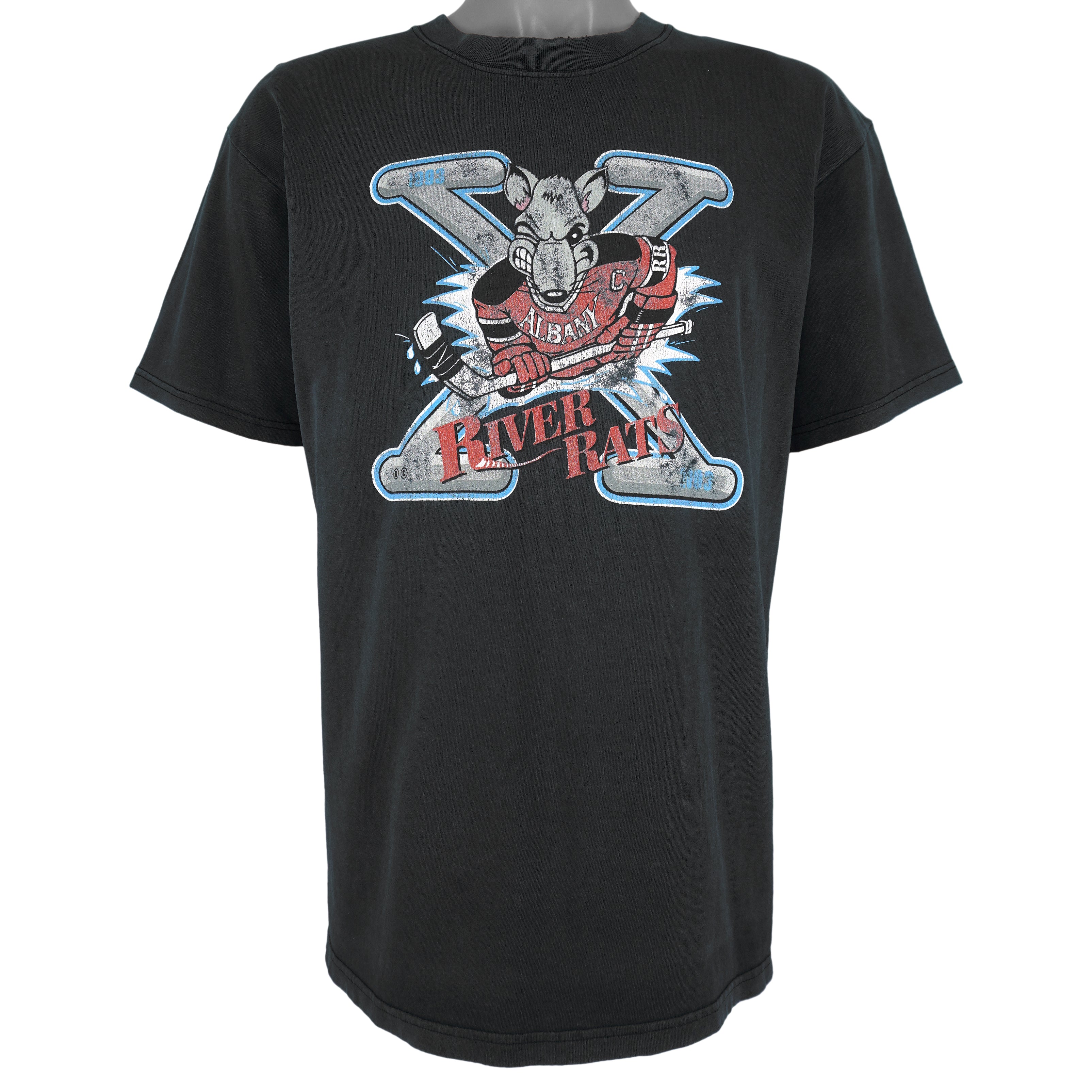 Vintage AHL (Anvil) - Albany River Rats Big Spell-Out T-Shirt 1993 Large in black