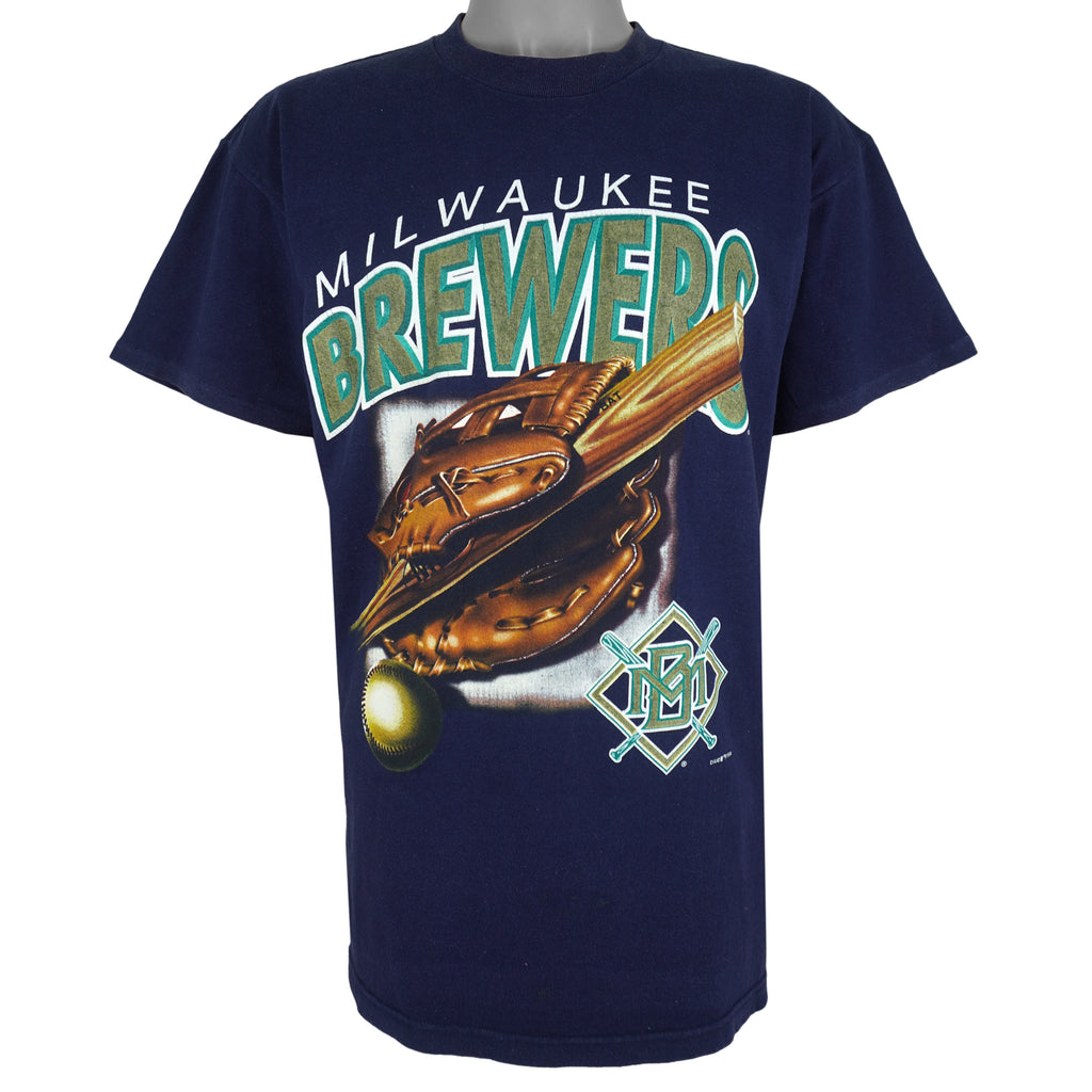 MLB (True Fan) - Milwaukee Brewers Baseball Glove T-Shirt 1998 Large Vintage Retro Baseball