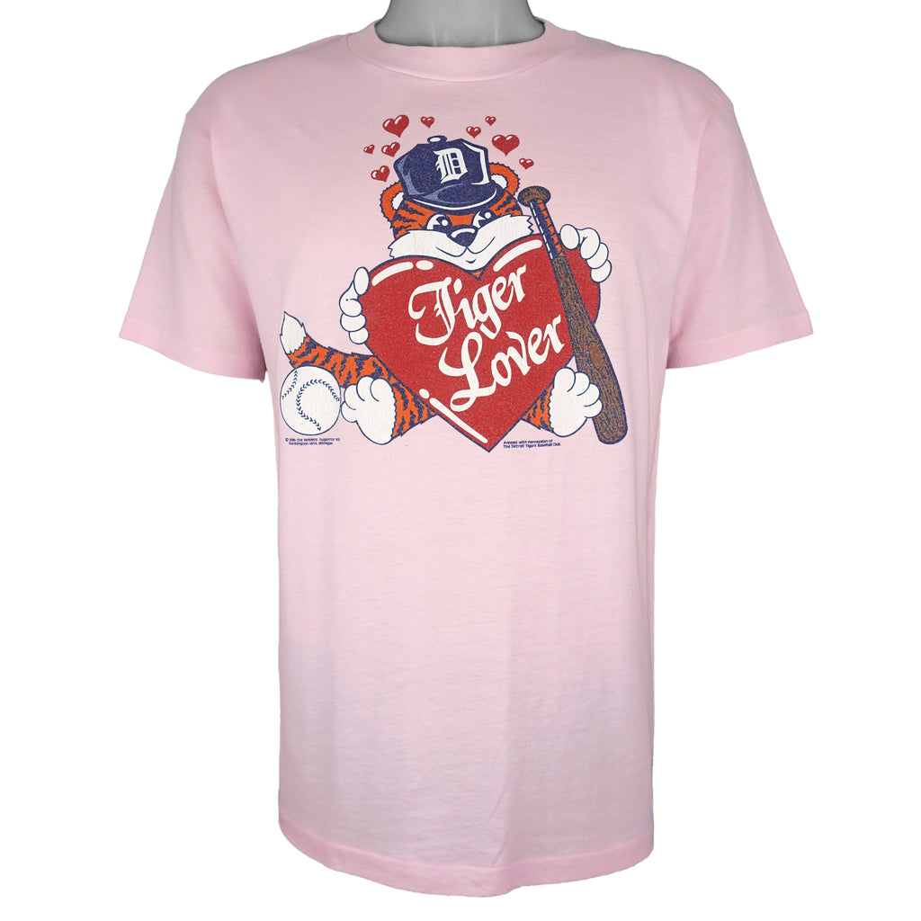 MLB (Hanes) - Pink Detroit Tigers Lover T-Shirt 1985 Large Vintage Retro Baseball