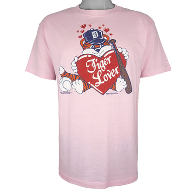 MLB (Hanes) - Pink Detroit Tigers Lover Cartoon T-Shirt 1985 Large