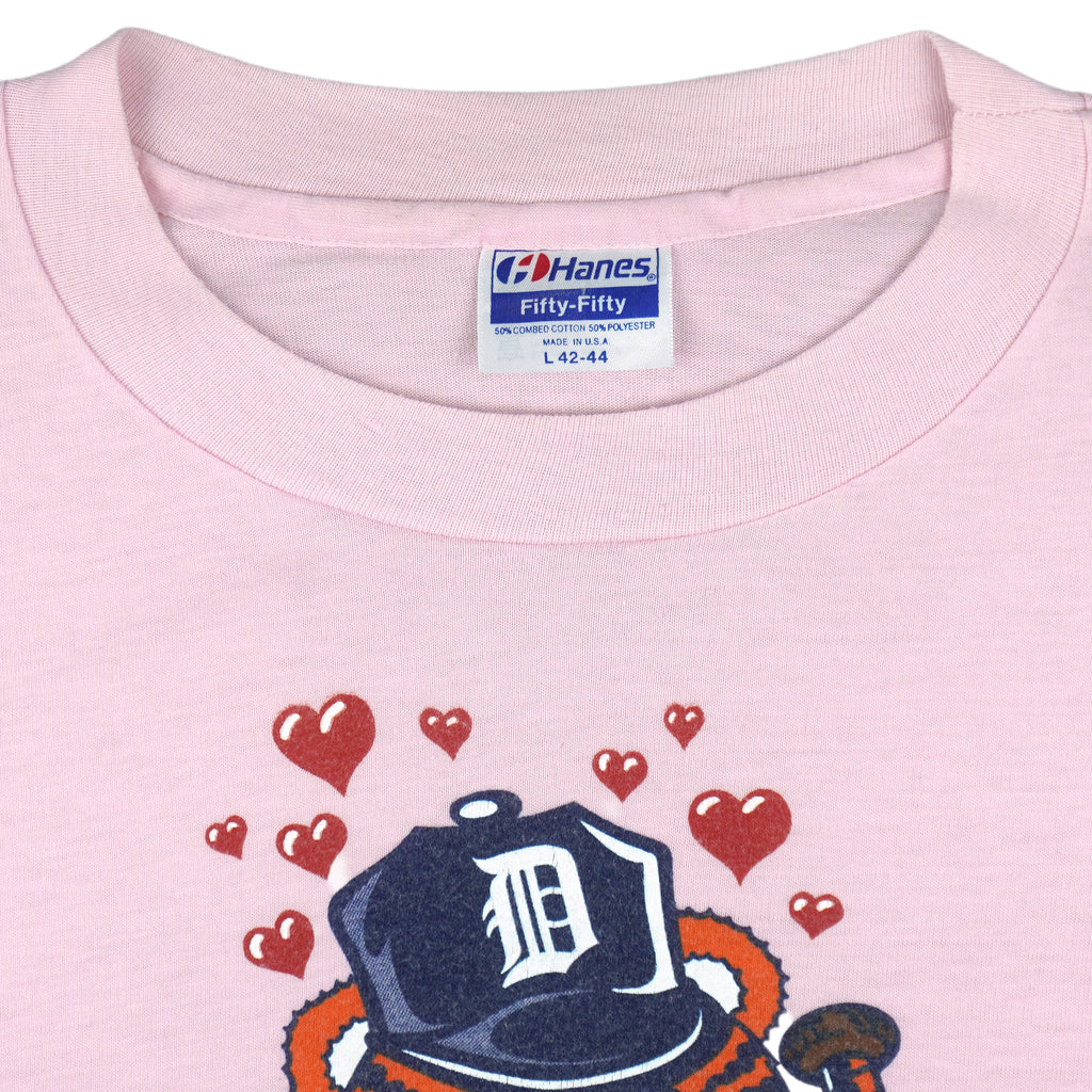 MLB (Hanes) - Pink Detroit Tigers Lover T-Shirt 1985 Large Vintage Retro Baseball