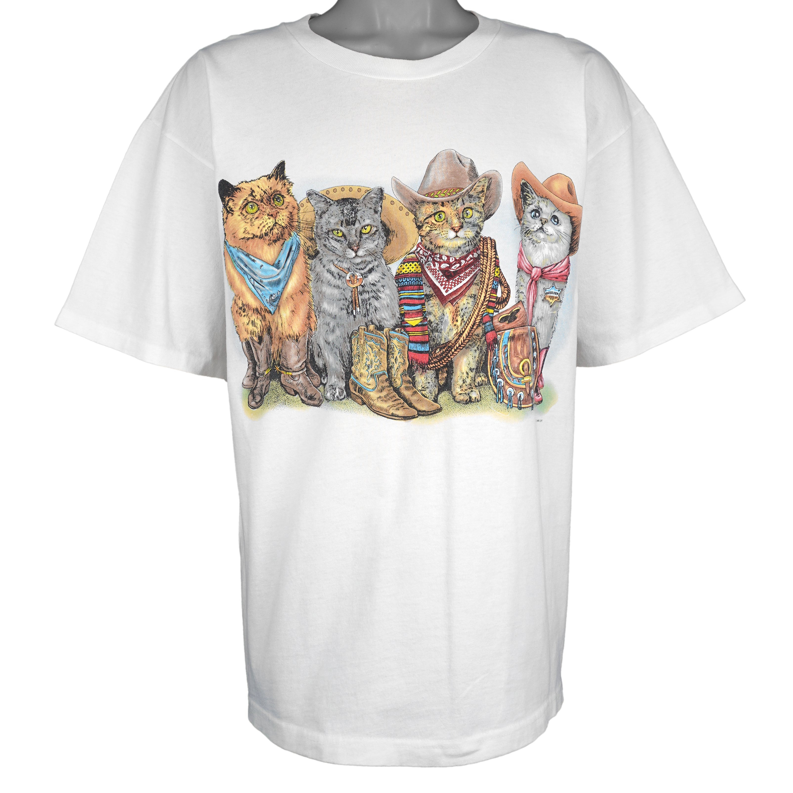 Vintage (Prints Of Tails) - Cowboy Cats Animal Print T-Shirt 1990s X-Large Vintage Retro