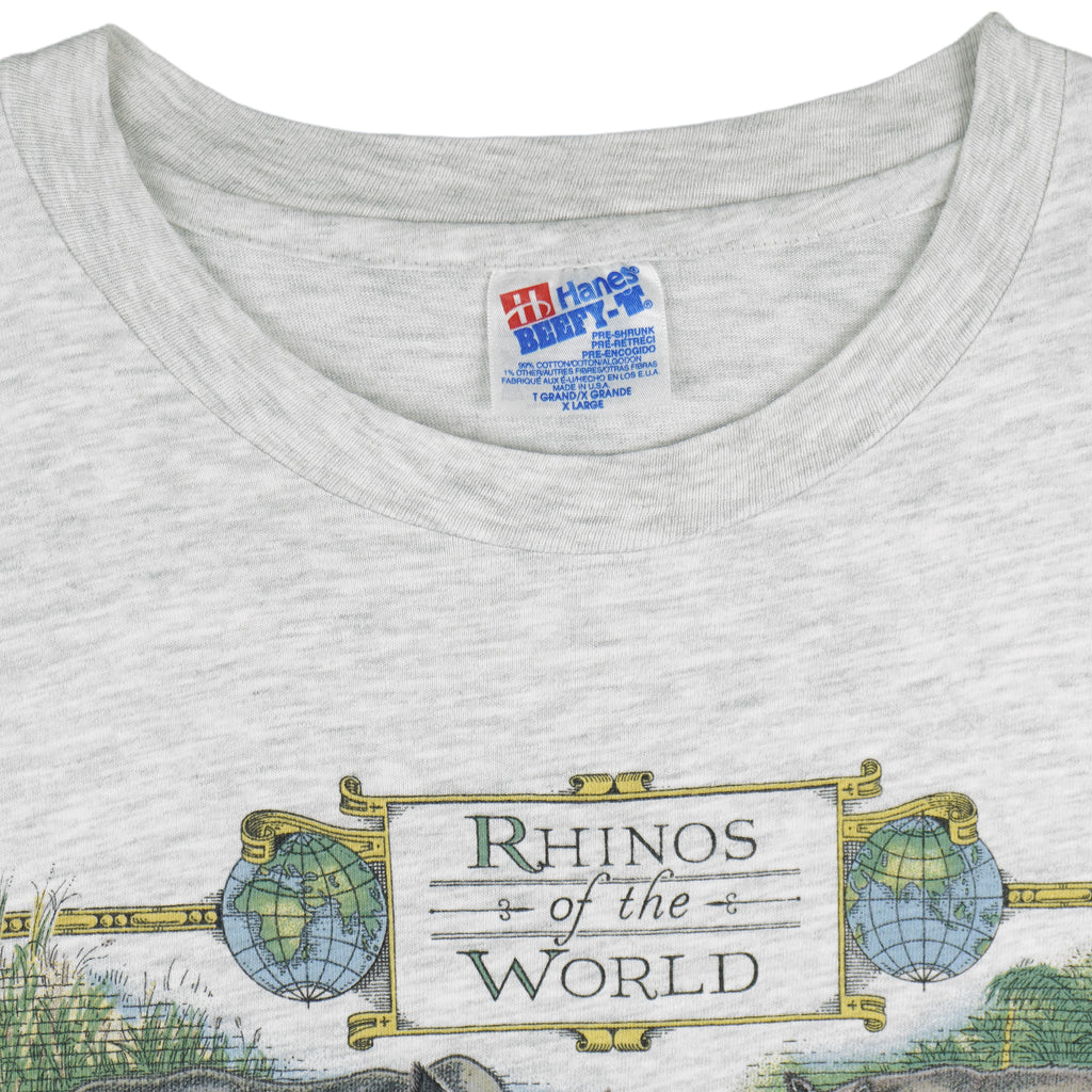 Vintage (Hanes) - Rhinos of the World Educational Animal Print T-Shirt 1990s X-Large Vintage Retro