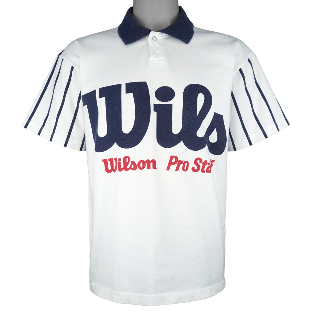 Wilson - White & Blue Pro Staff Spell-Out 1/4 Button-Up T-Shirt 1990s Medium Vintage Retro