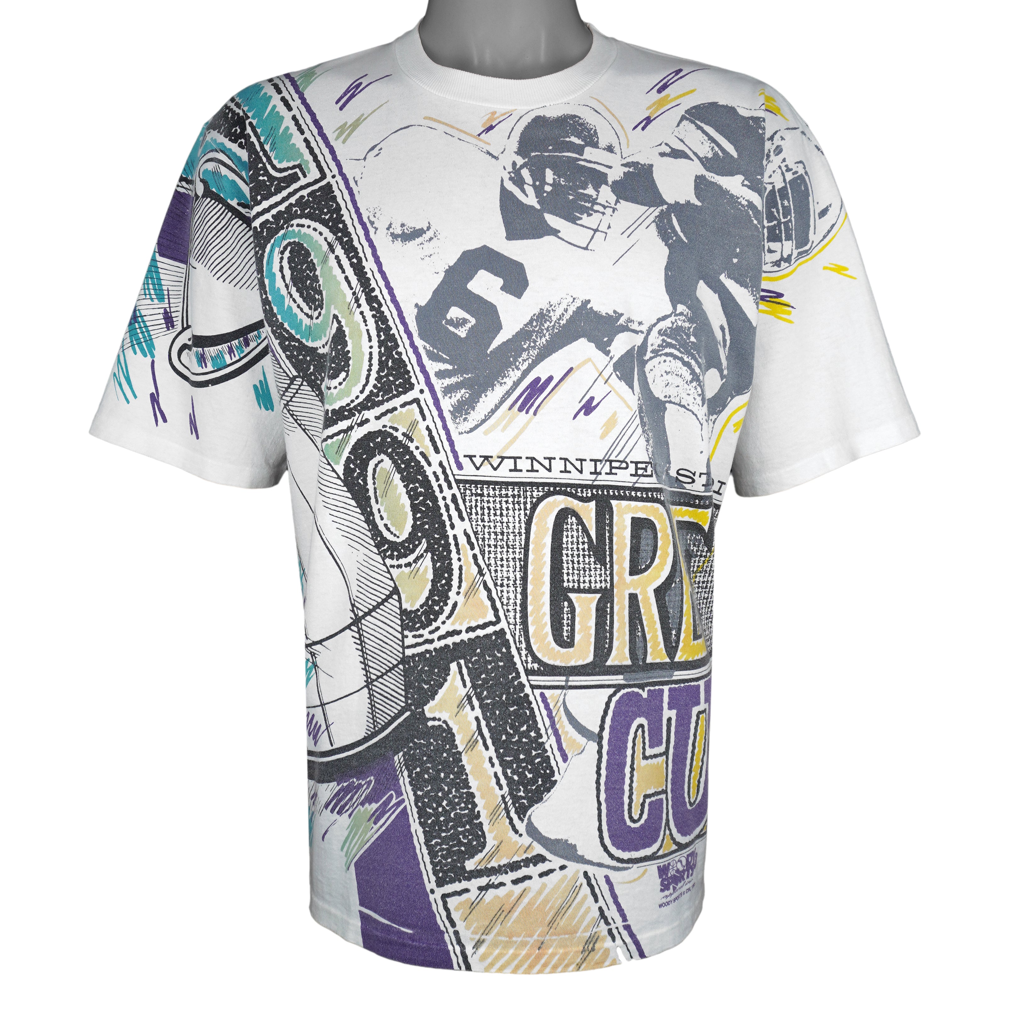 CFL (Woody Sports) - Winnipeg Grey Cup All Over Print T-Shirt 1991 Large Vintage Retro Football