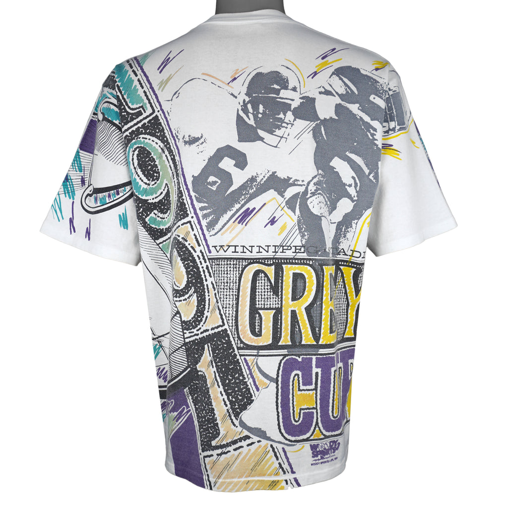 CFL (Woody Sports) - Winnipeg Grey Cup All Over Print T-Shirt 1991 Large Vintage Retro Football