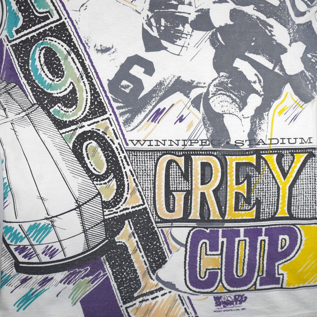 CFL (Woody Sports) - Winnipeg Grey Cup All Over Print T-Shirt 1991 Large Vintage Retro Football