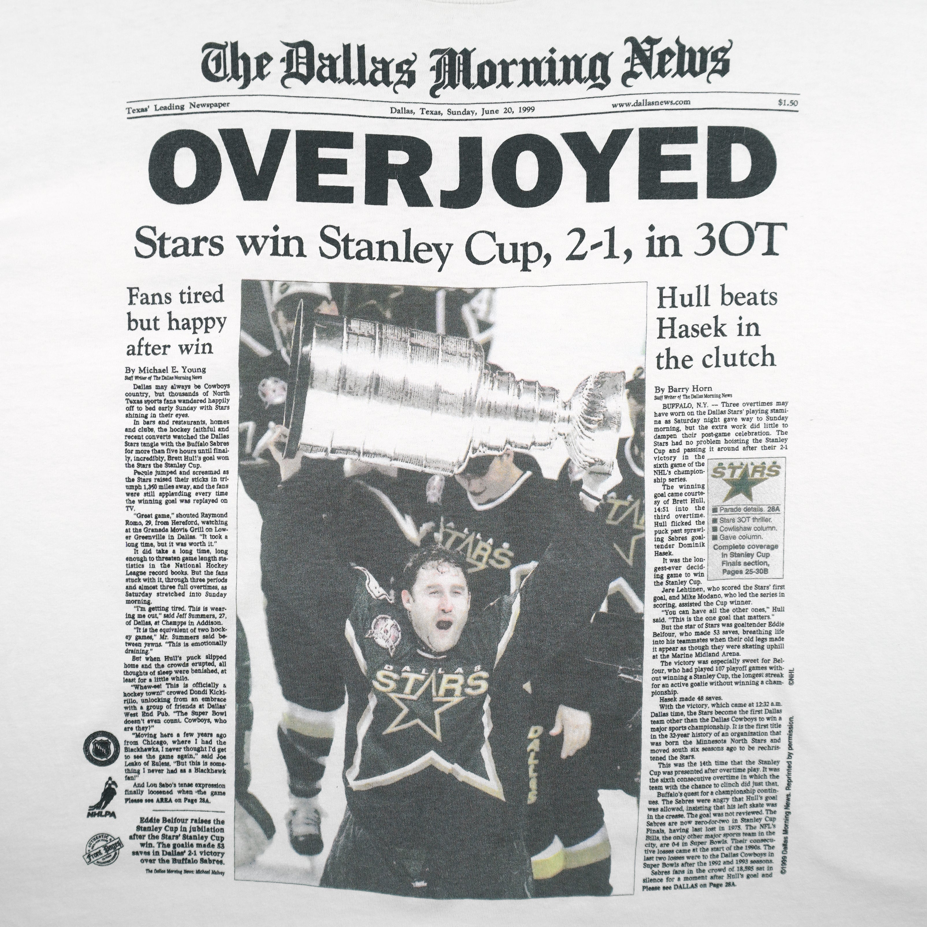 NHL - Dallas Stars Stanley Cup Champions Front Pages T-Shirt 1999 X-Large Vintage Retro Hockey