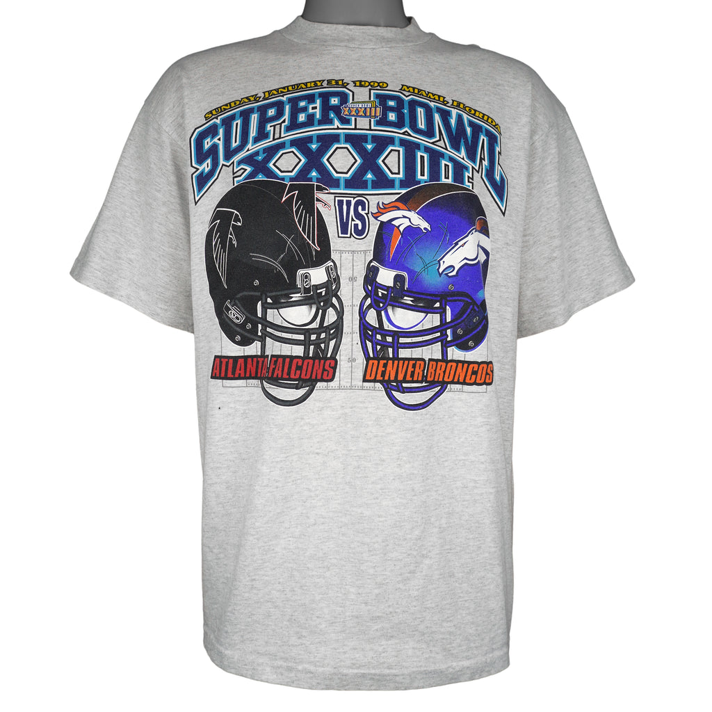 NFL (Logo 7) - Grey Super Bowl XXXIII, Falcons VS Broncos T-Shirt 1999 X-Large Vintage Retro Football