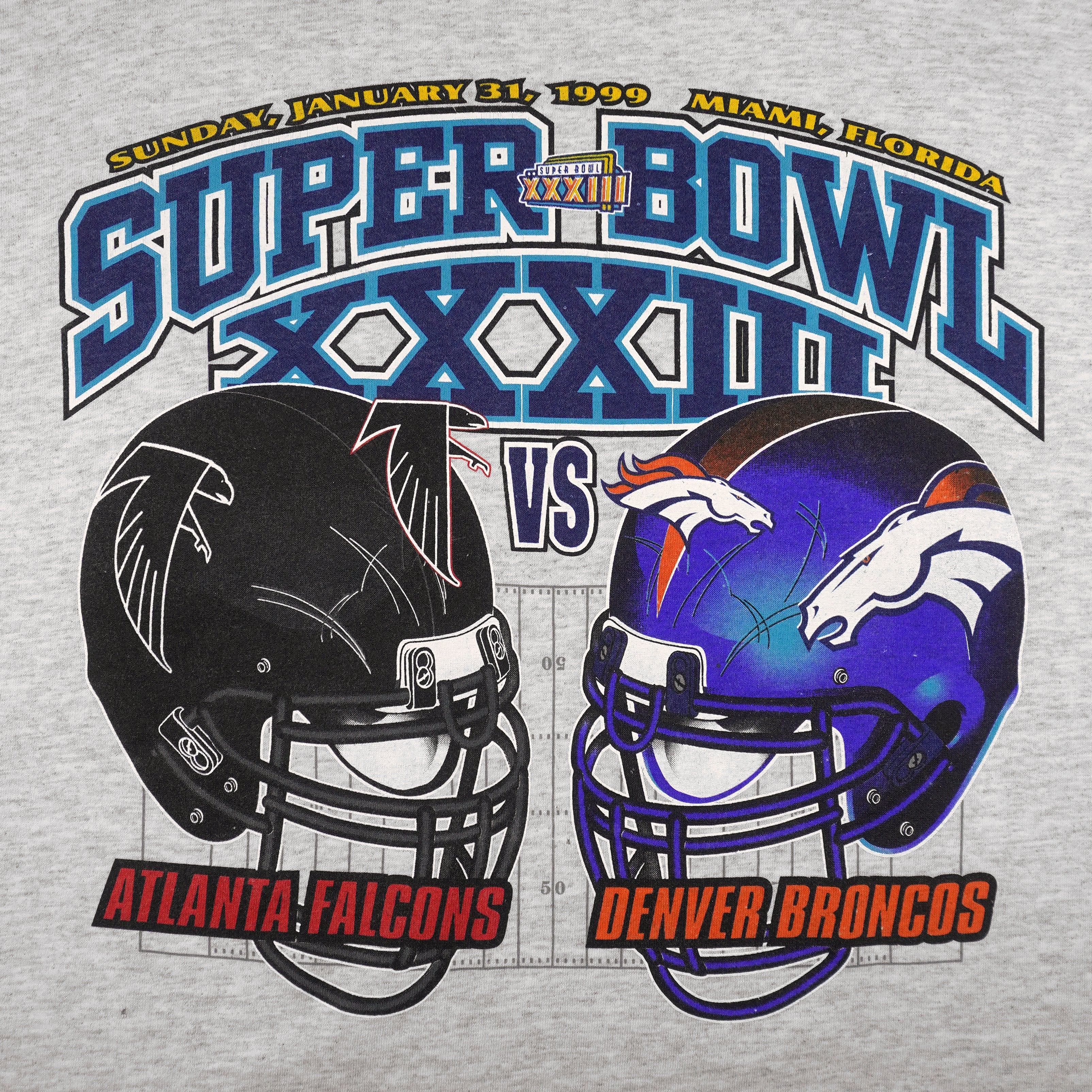 NFL (Logo 7) - Grey Super Bowl XXXIII, Falcons VS Broncos T-Shirt 1999 X-Large Vintage Retro Football