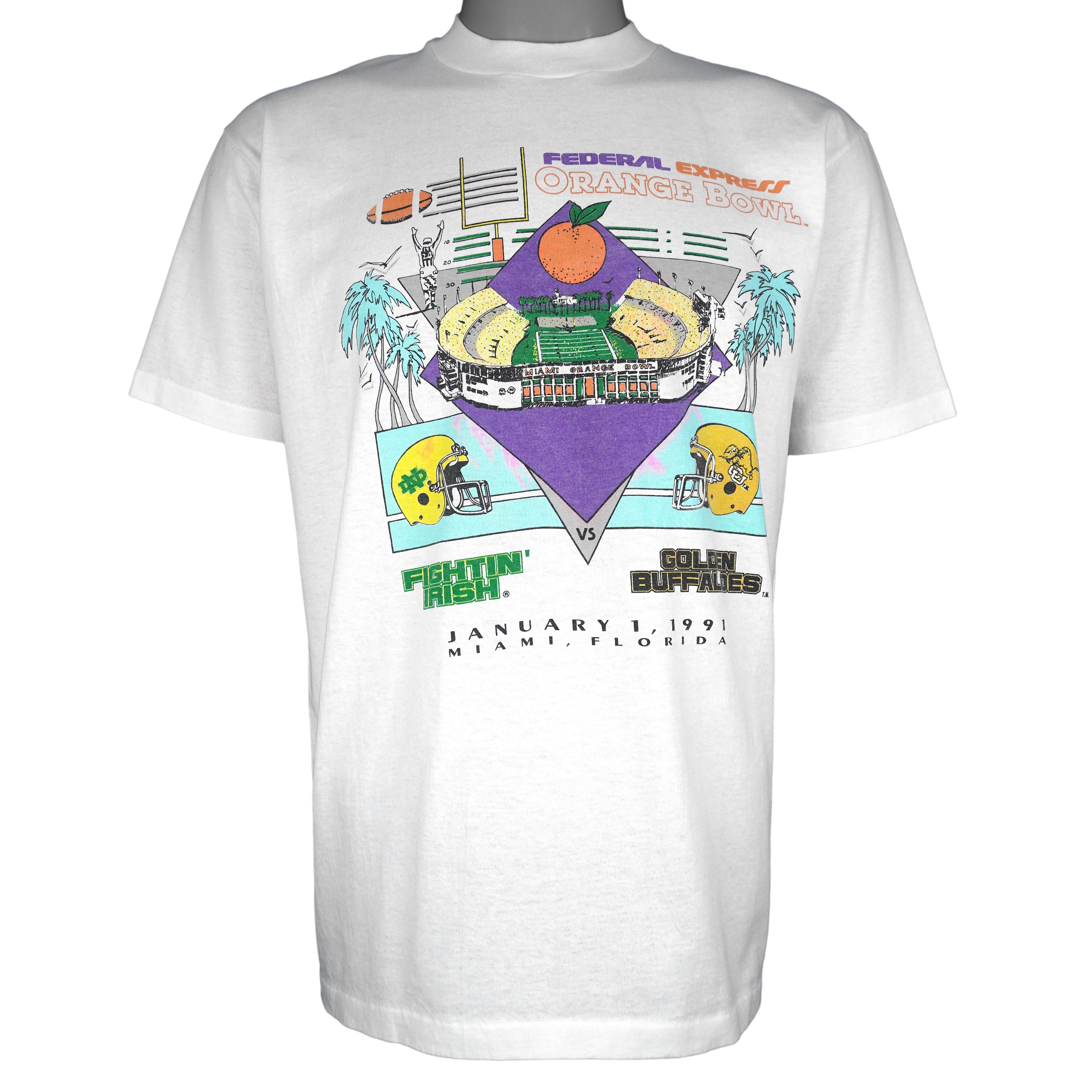 NCAA (Hanes) - Fighting Irish Vs Buffaloes Orange Bowl T-Shirt 1991 Large Vintage Retro