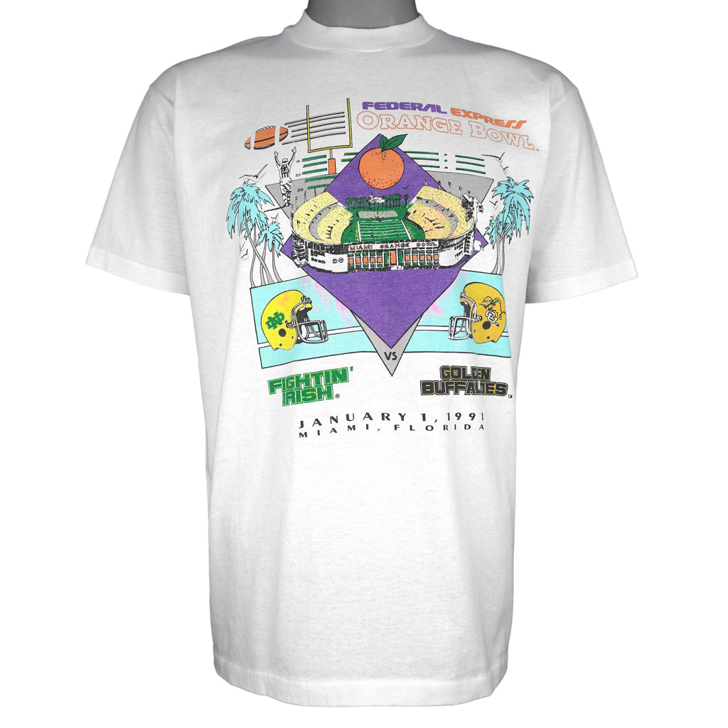 NCAA (Hanes) - Fighting Irish Vs Buffaloes Orange Bowl T-Shirt 1991 Large Vintage Retro