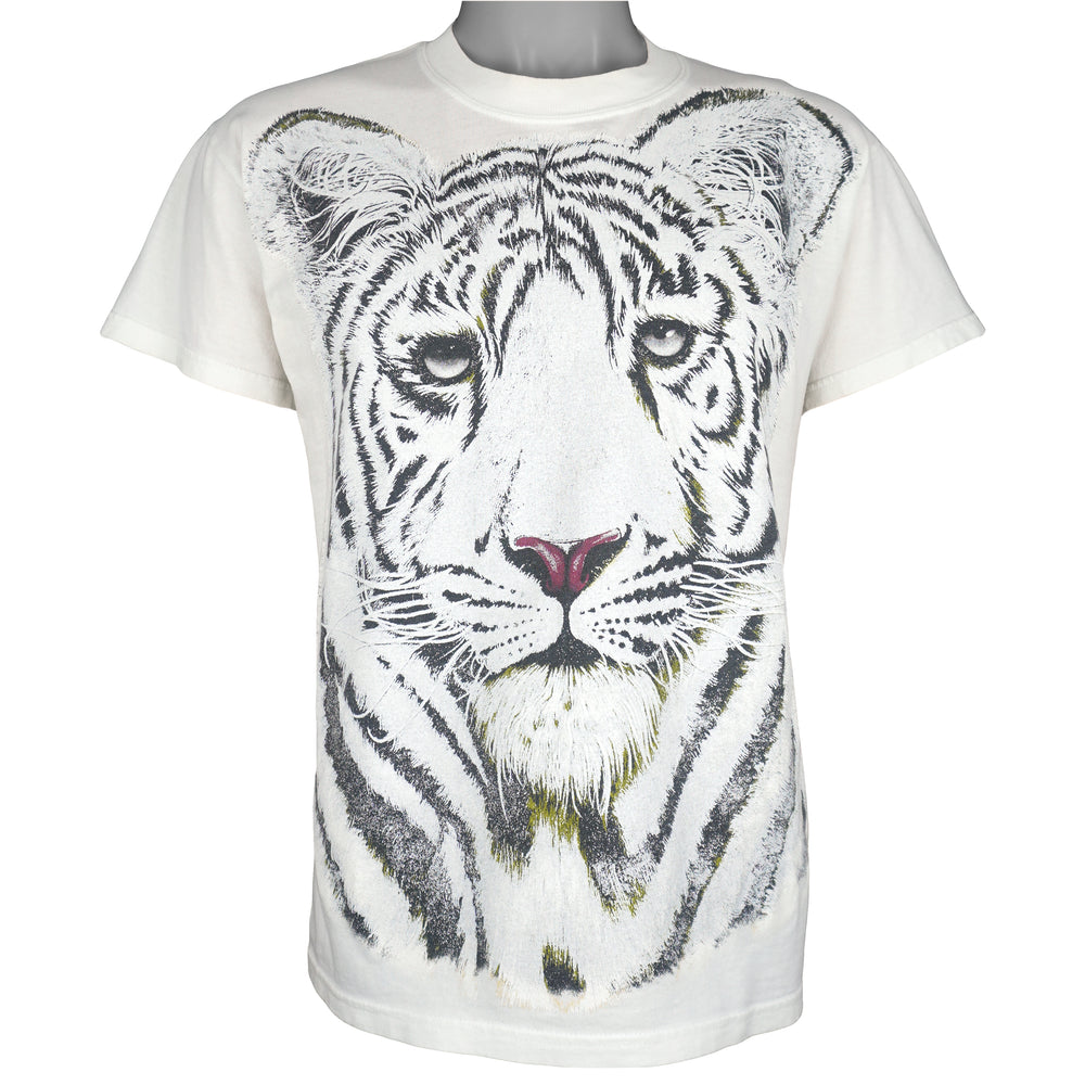 Vintage (Gildan) - White Tiger Animal Print T-Shirt 1990s Medium Vintage Retro